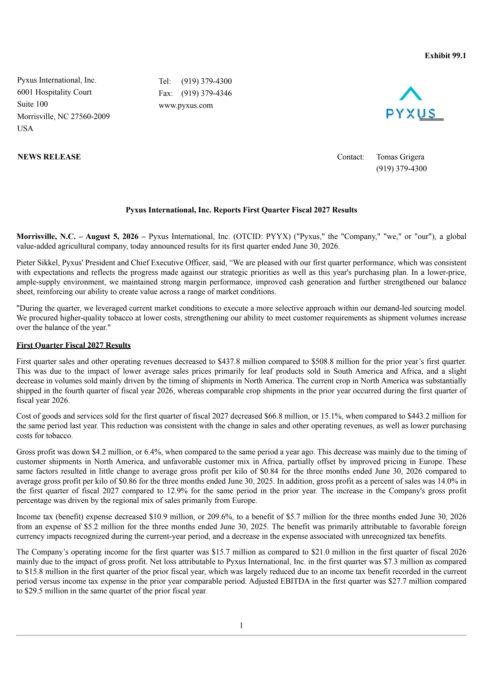 Pyxus International's Q1 2027 Press Release