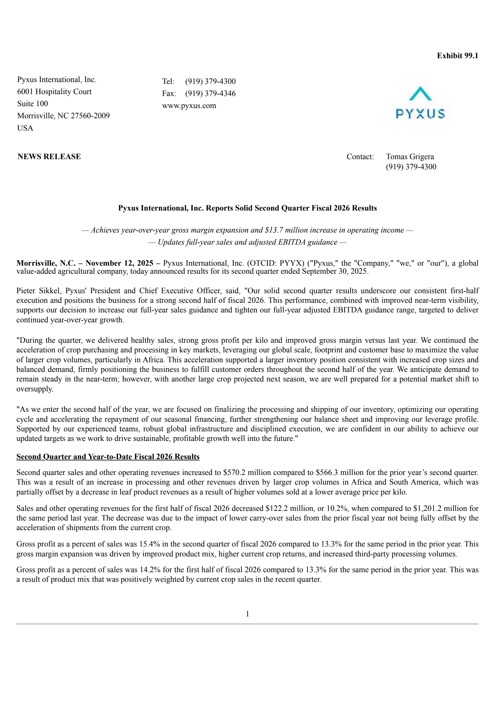 Pyxus International's Q2 2026 Earnings Release