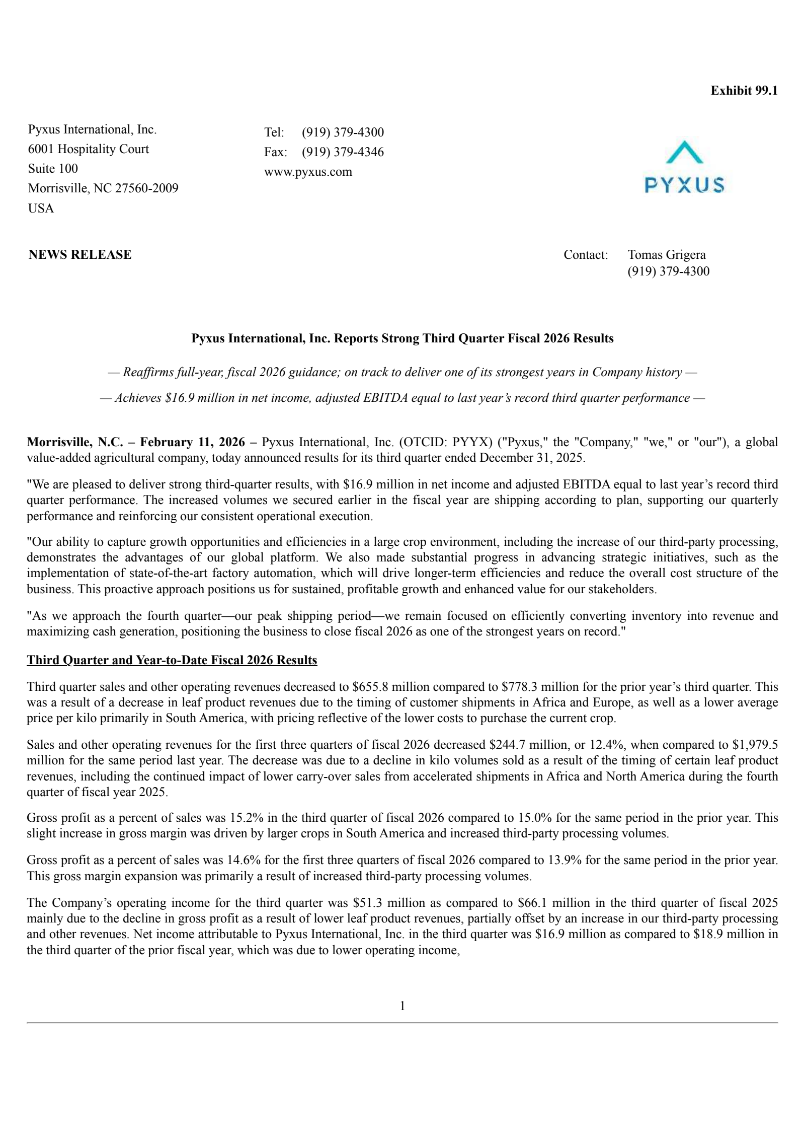 Pyxus International's Q3 2026 Press Release
