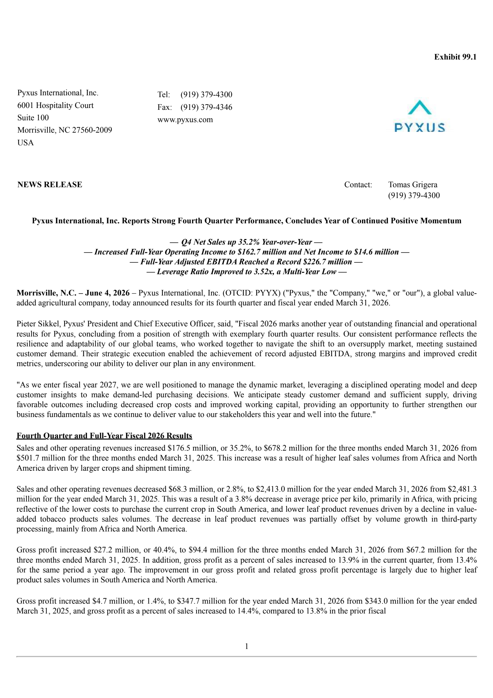 Pyxus International's Q4 2026 Press Release