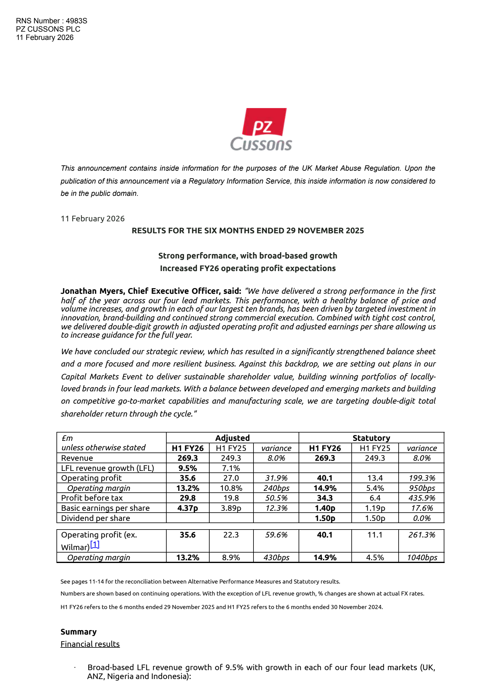 PZ Cussons' H1 2026 Interim report