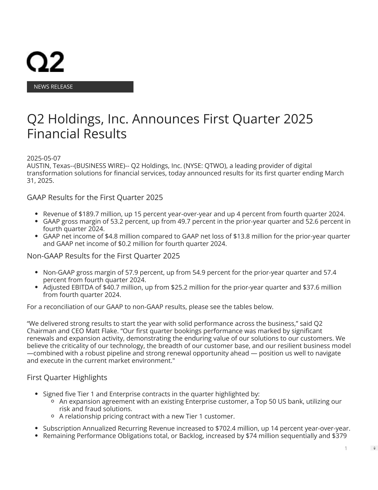 Q2's Q1 2025 Press Release