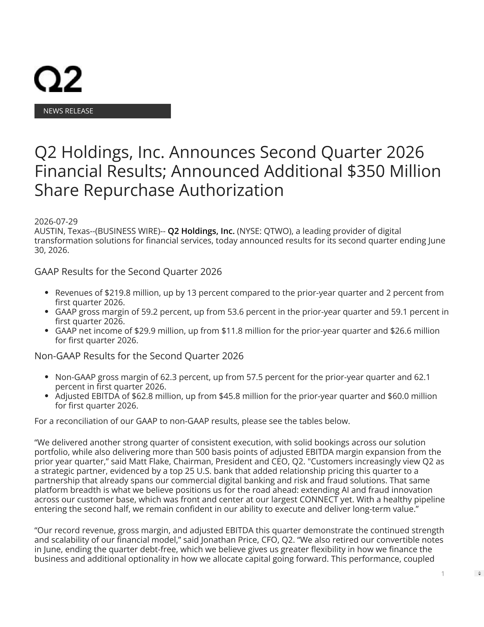 Q2's Q2 2026 Press Release