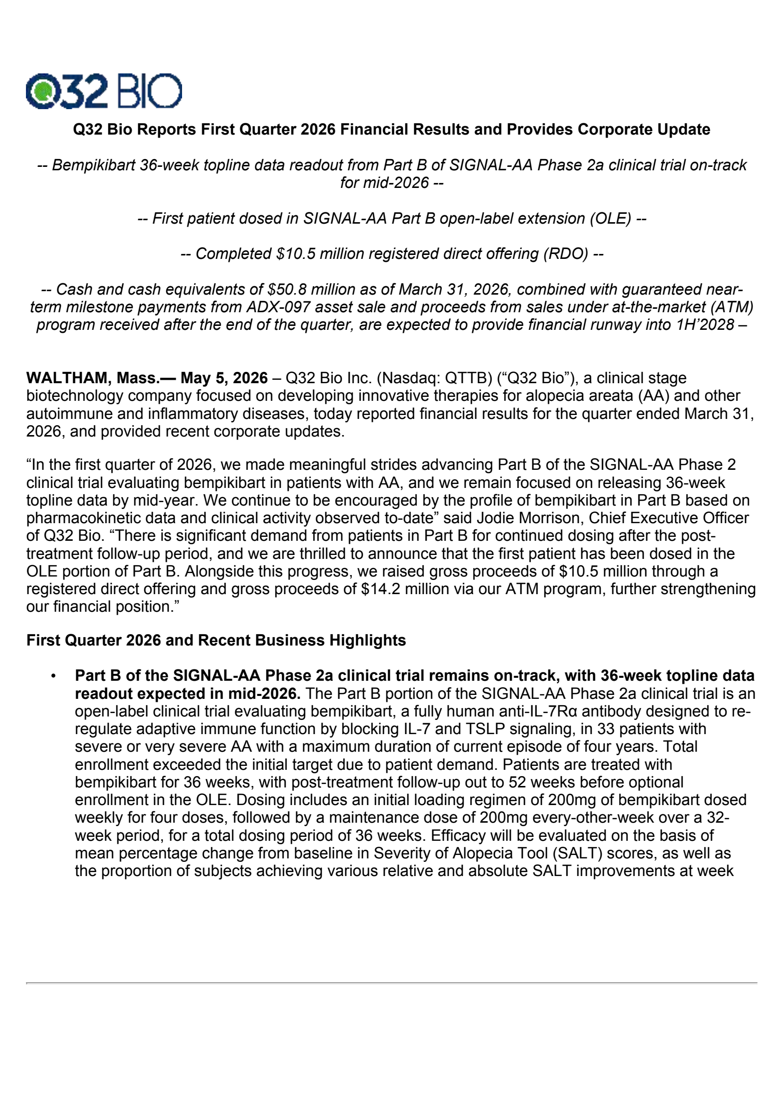 Q32 Bio's Q1 2026 Press Release