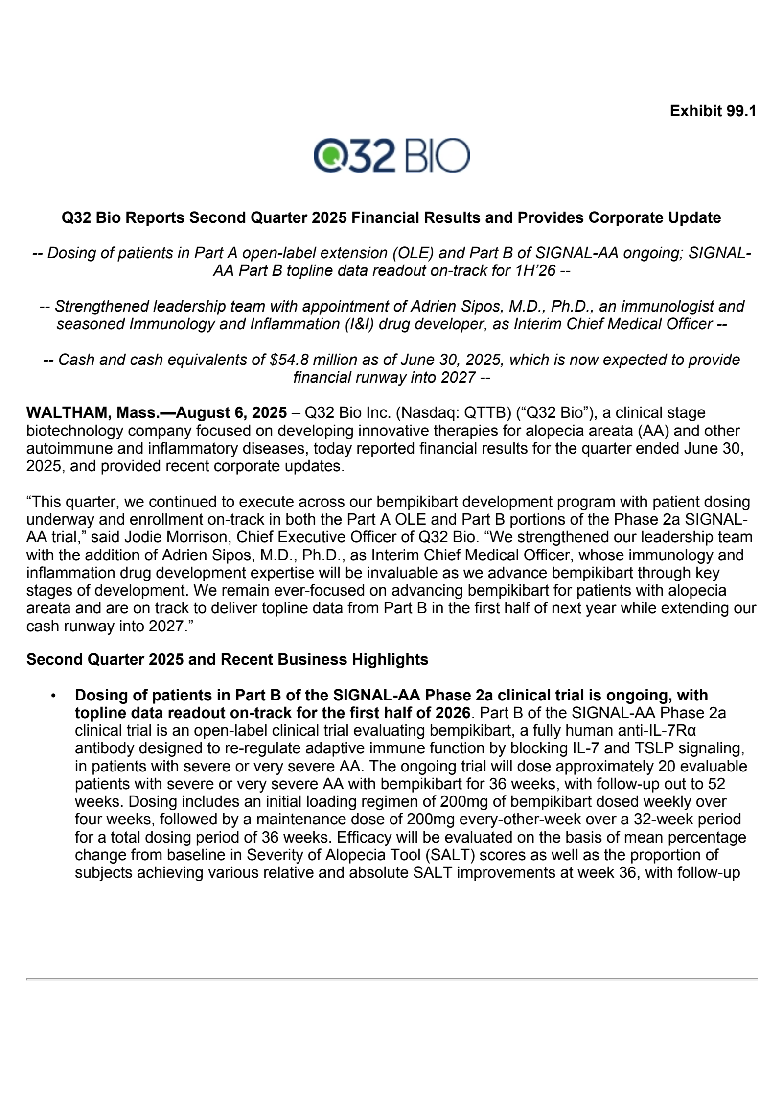 Q32 Bio's Q2 2025 Press Release