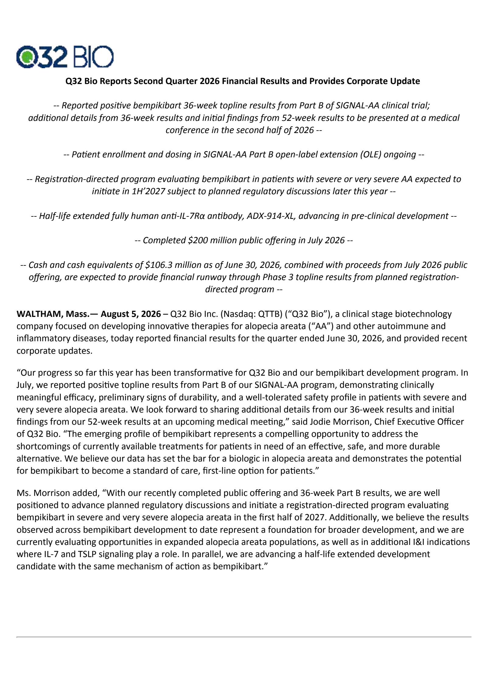 Q32 Bio's Q2 2026 Press Release