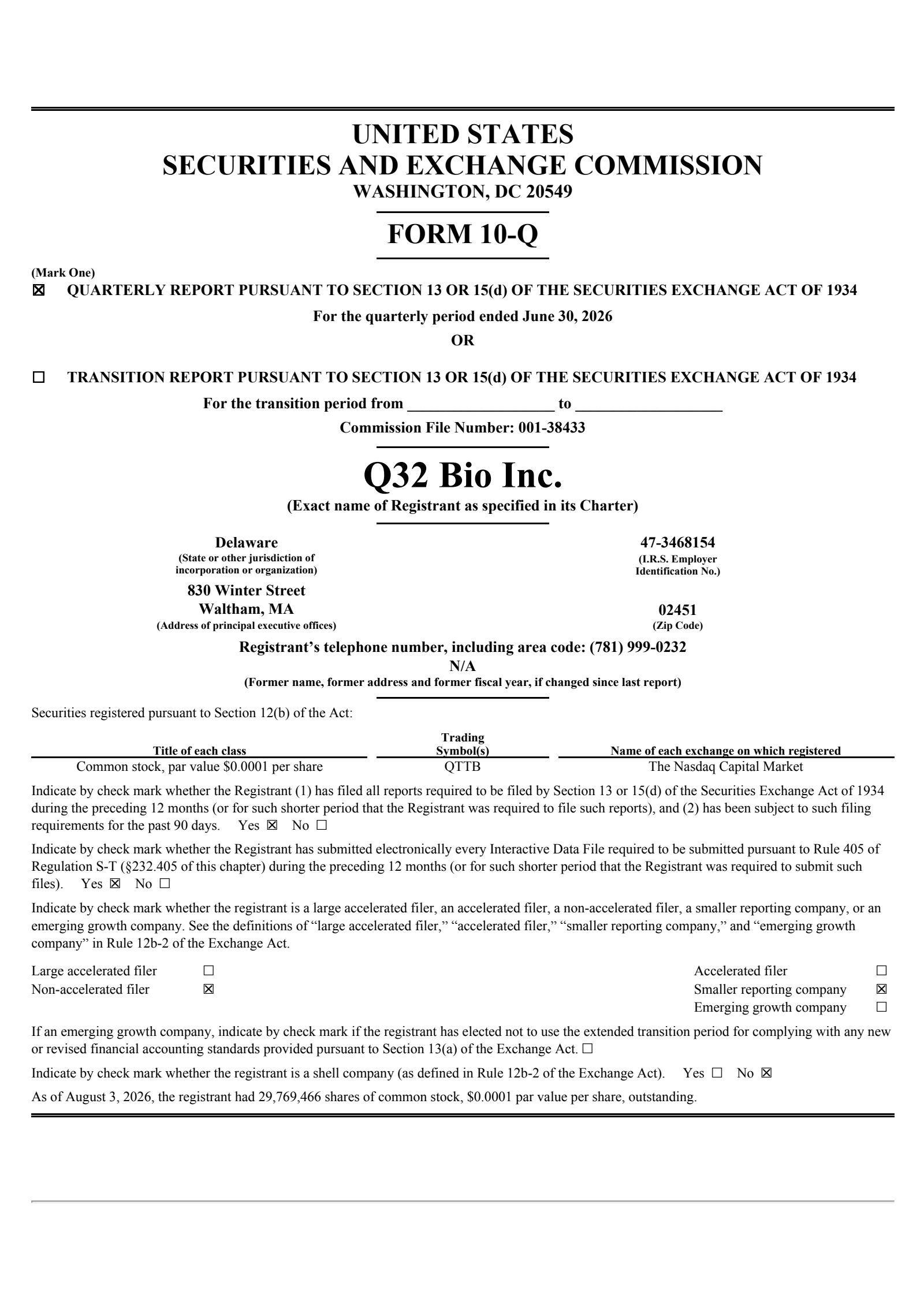 Q32 Bio's Q2 2026 Quarterly report