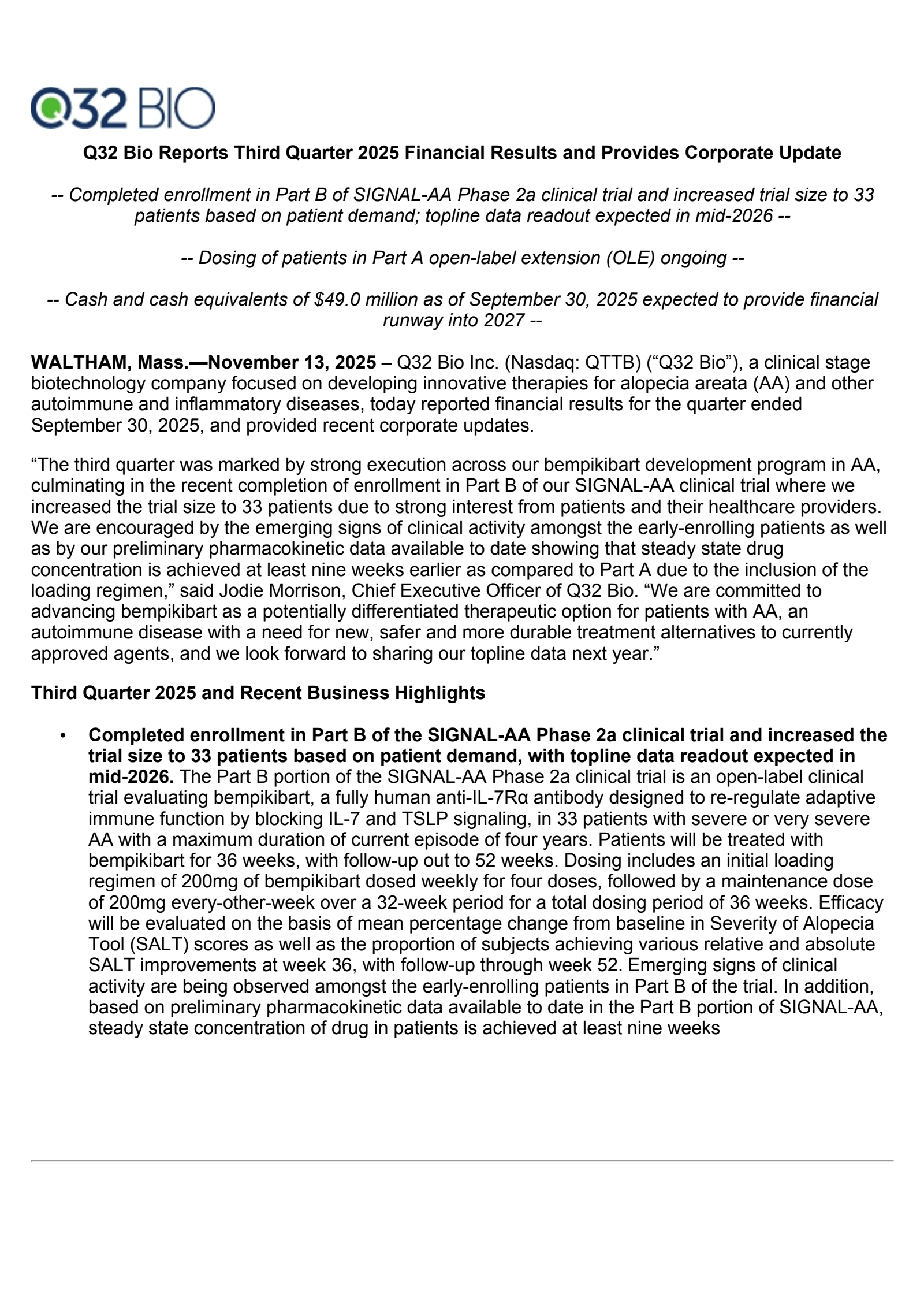 Q32 Bio's Q3 2025 Earnings Release
