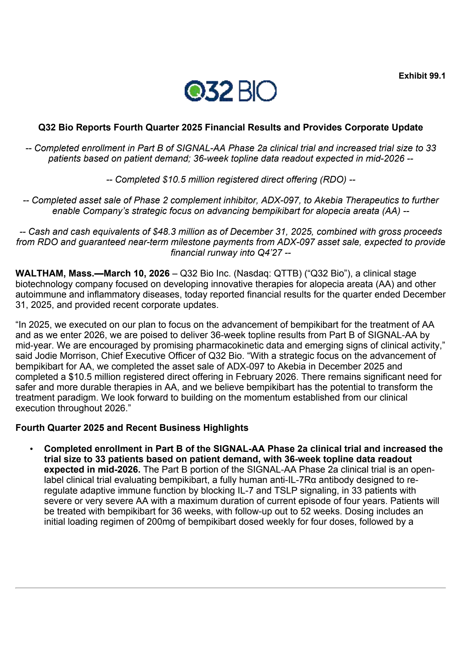 Q32 Bio's Q4 2025 Press Release