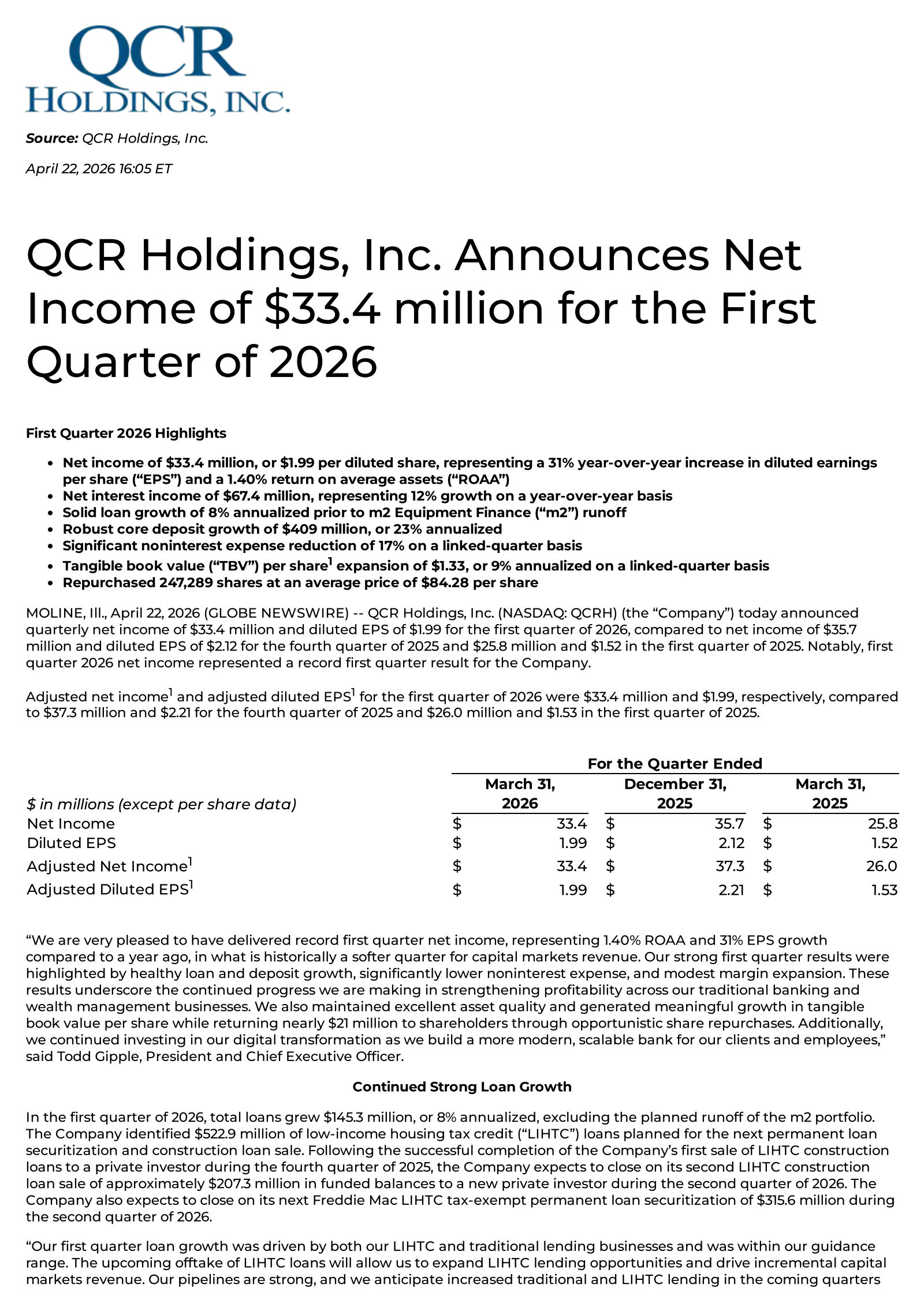 QCR's Q1 2026 Press Release