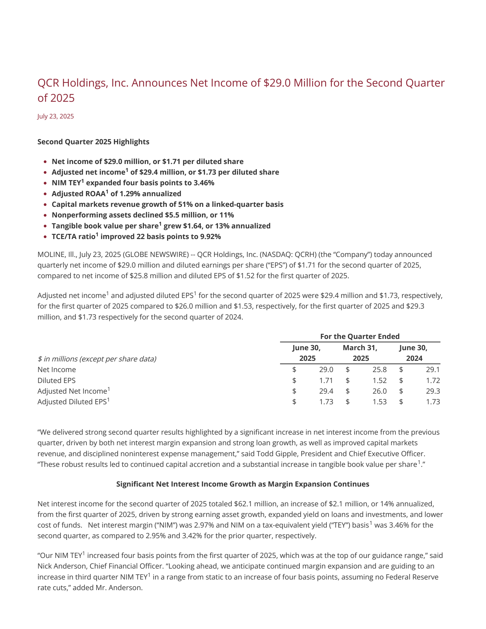 QCR's Q2 2025 Press Release