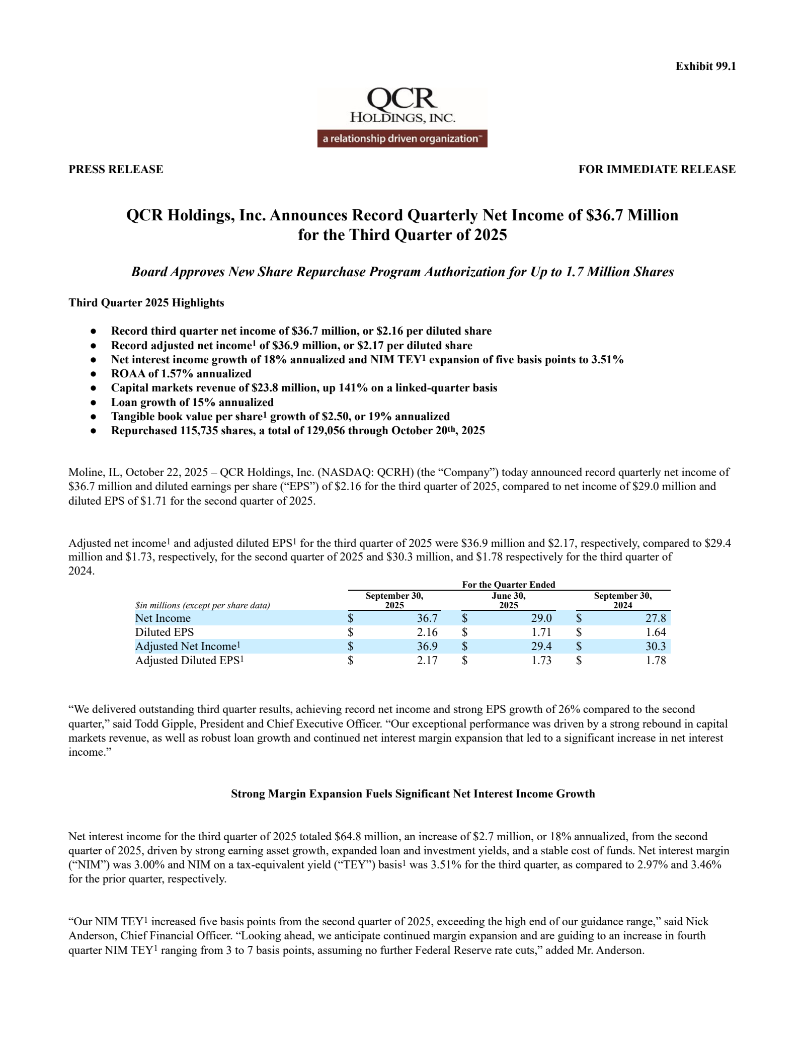 QCR's Q3 2025 Earnings Release