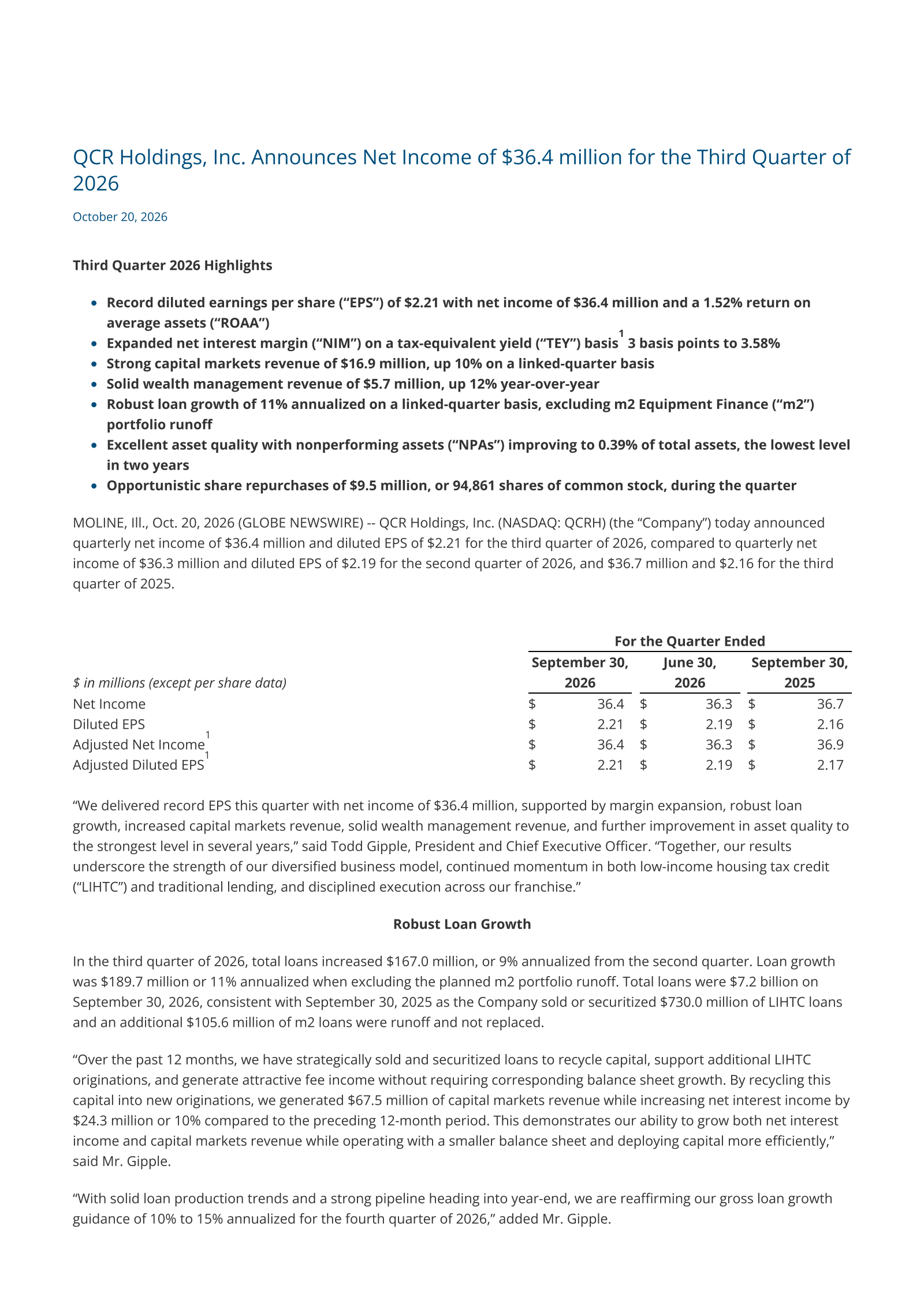 QCR's Q3 2026 Press Release