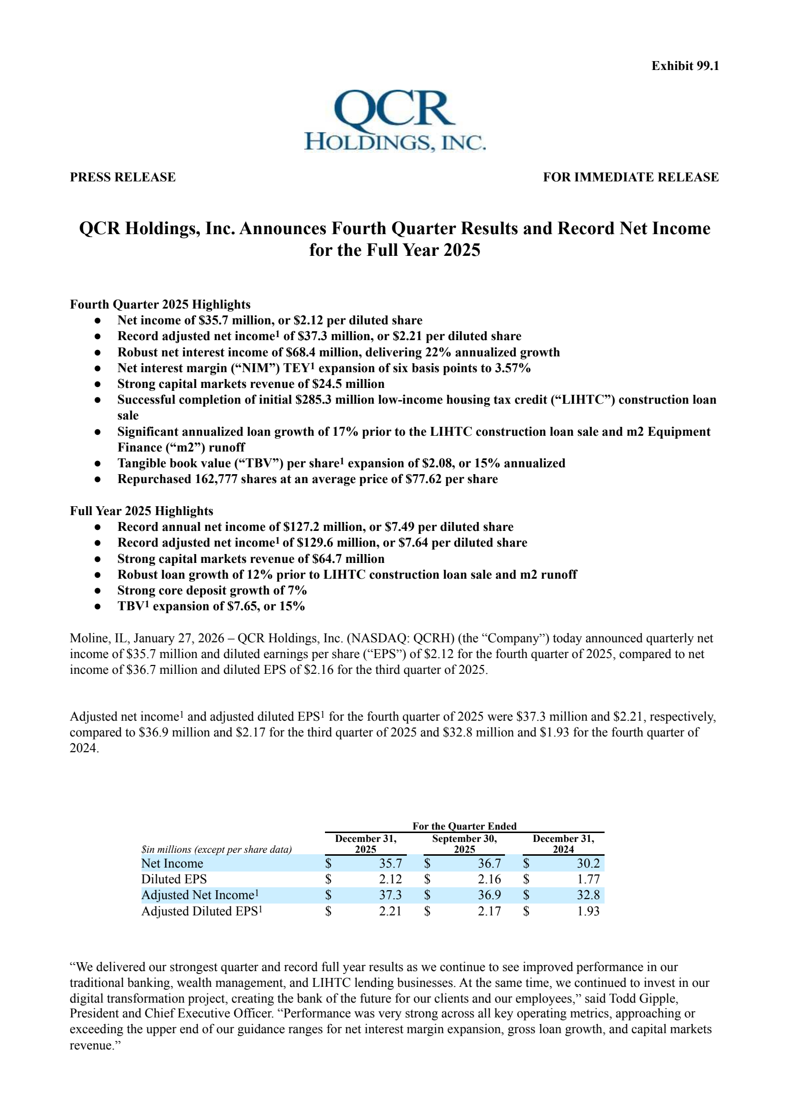 QCR's Q4 2025 Press Release