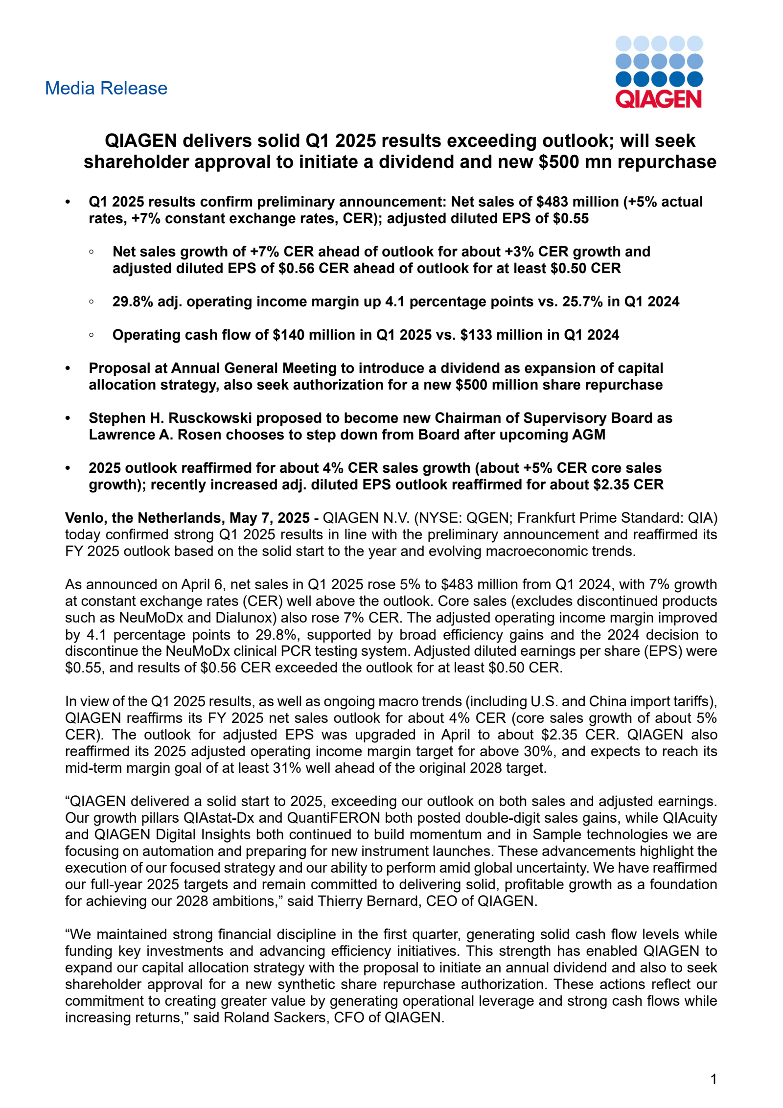 Qiagen's Q1 2025 Press Release