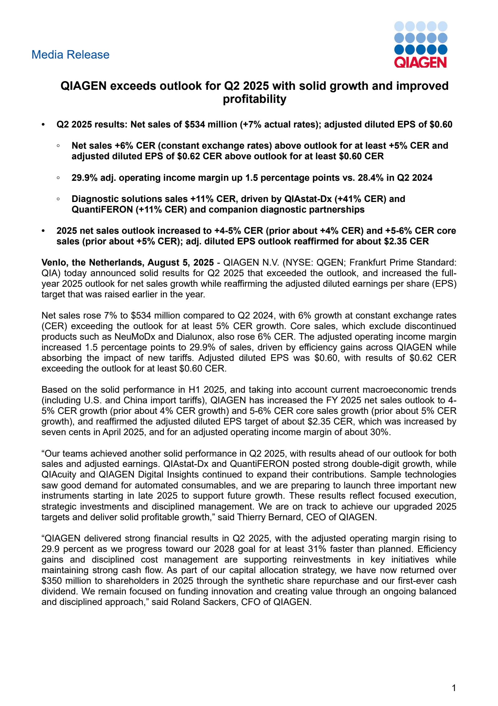 Qiagen's Q2 2025 Press Release