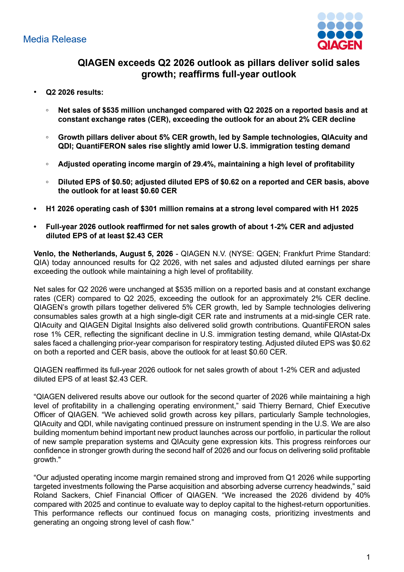 Qiagen's Q2 2026 Press Release