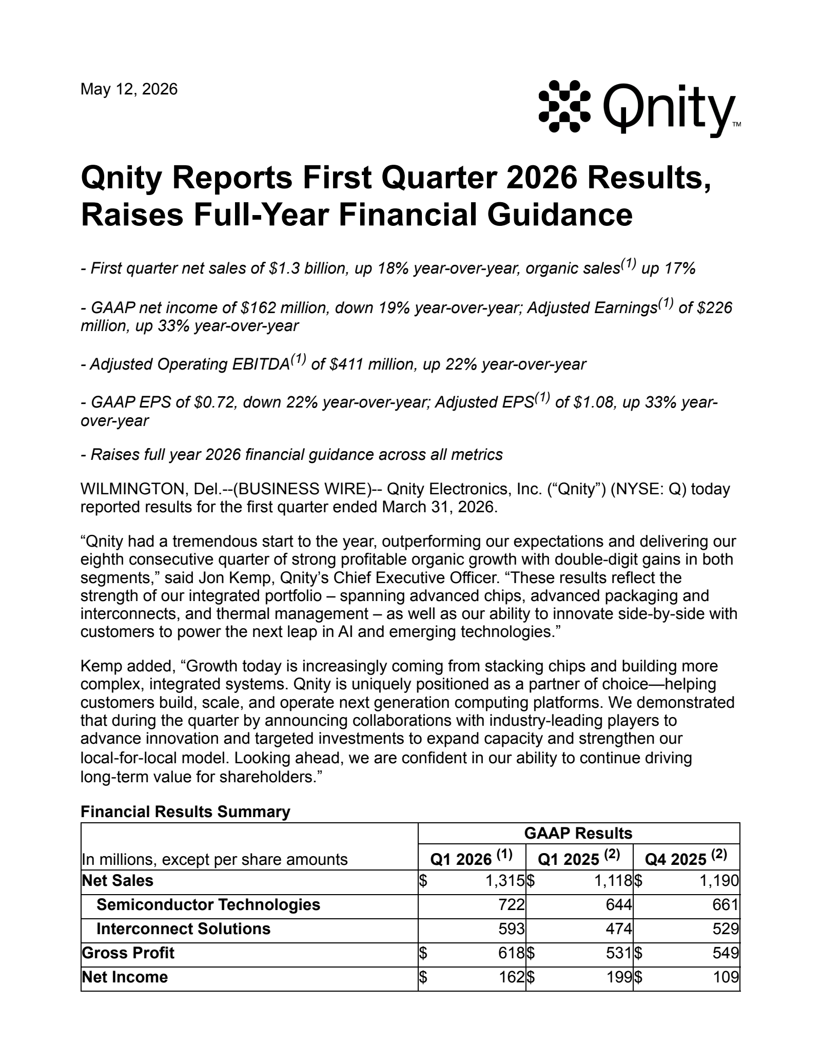 Qnity Electronics' Q1 2026 Press Release