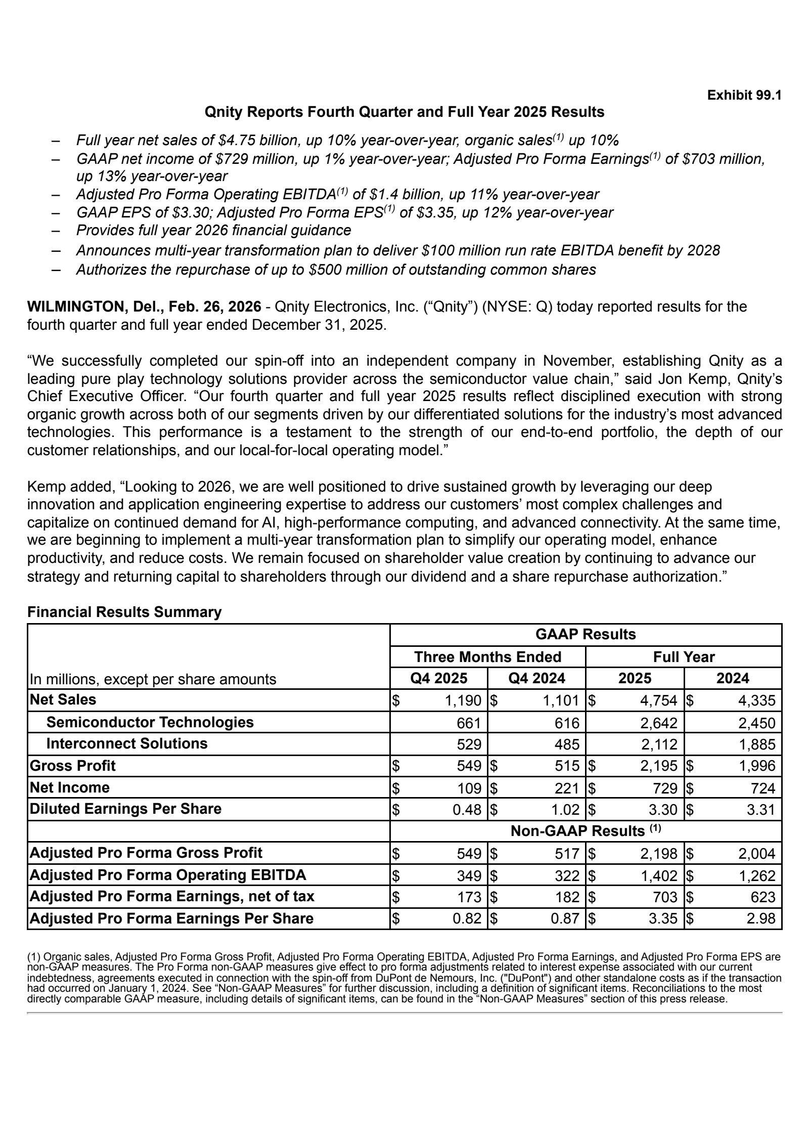 Qnity Electronics' Q4 2025 Press Release