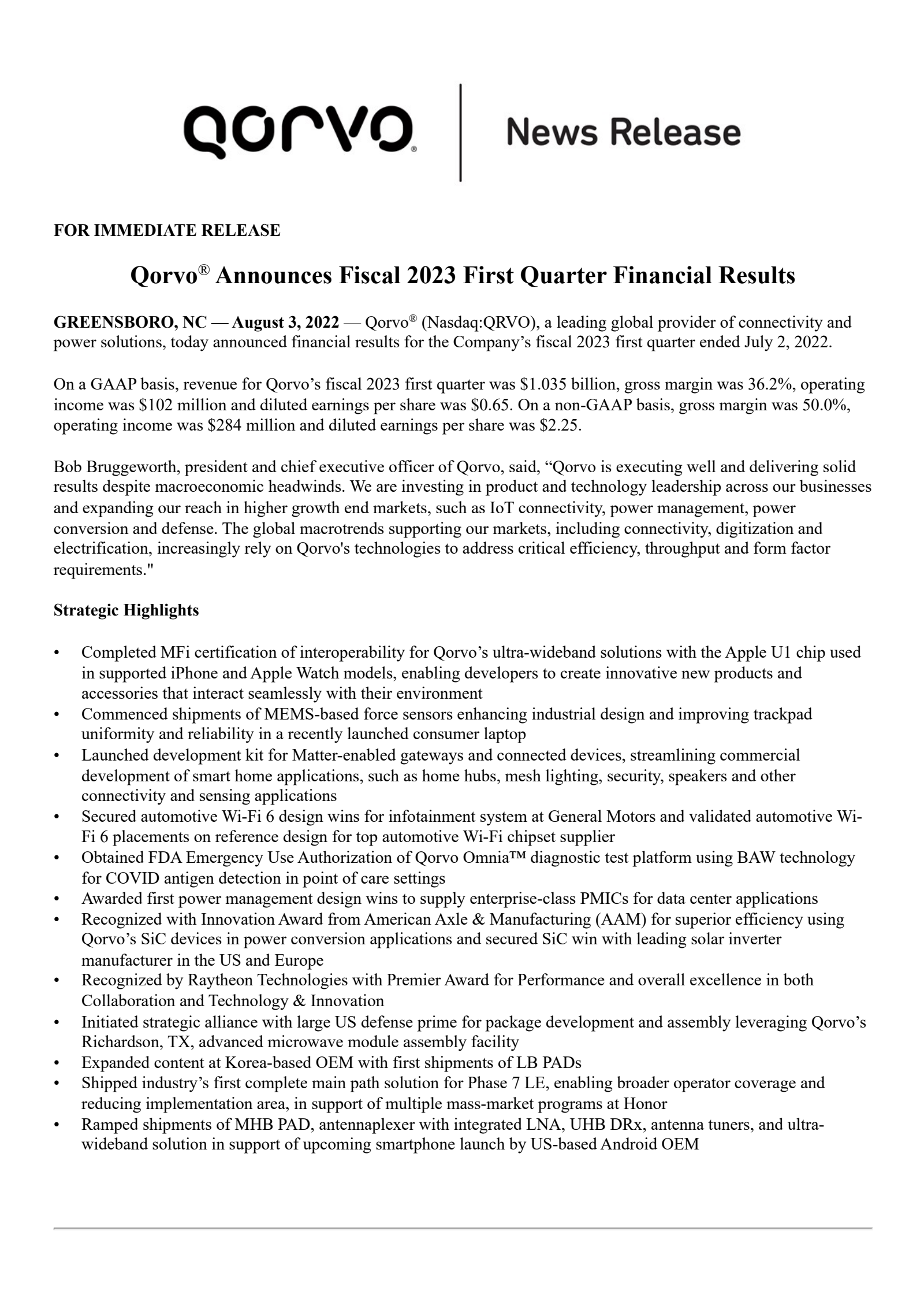 Qorvo's Q1 2023 Press Release