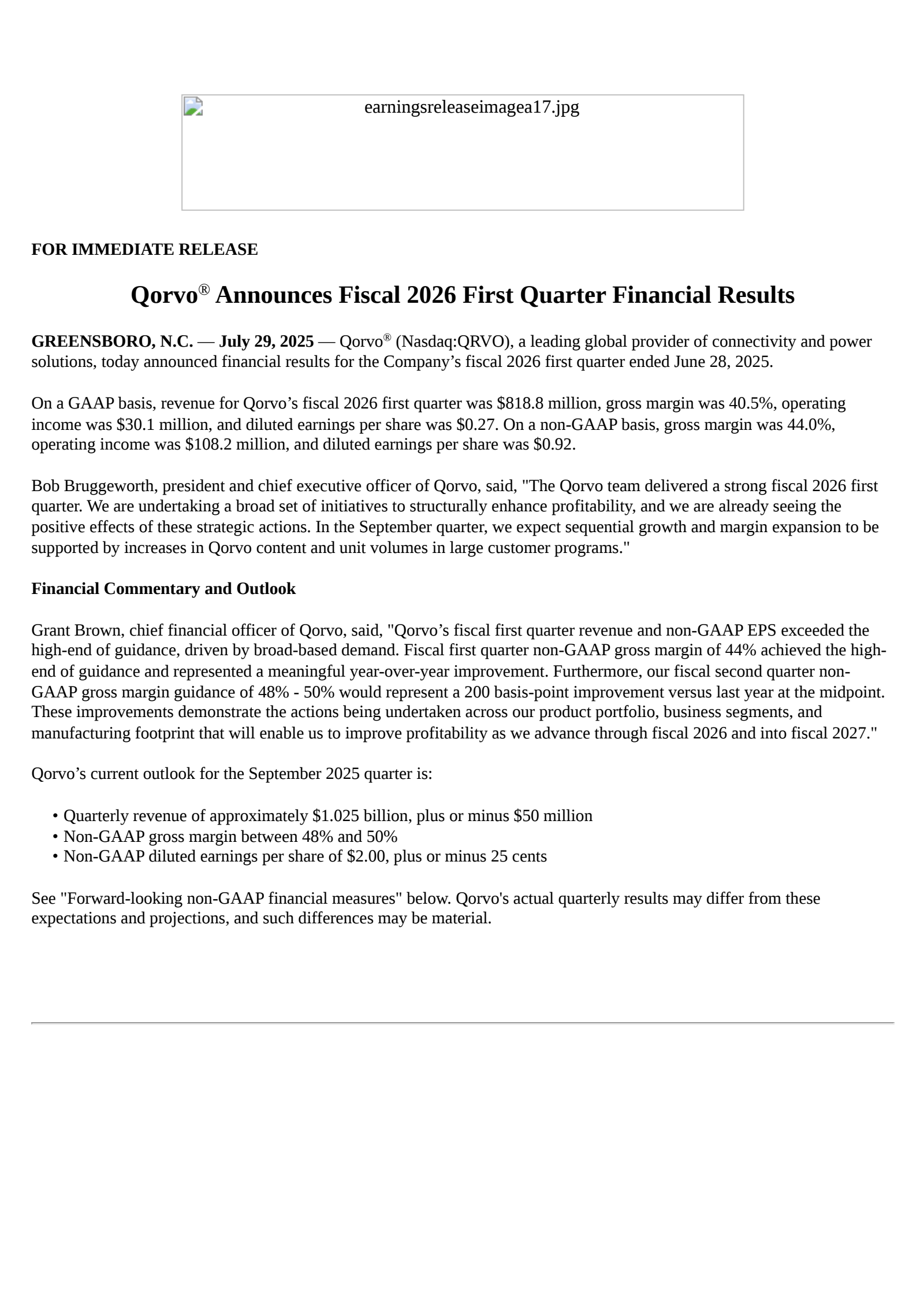 Qorvo's Q1 2026 Press Release