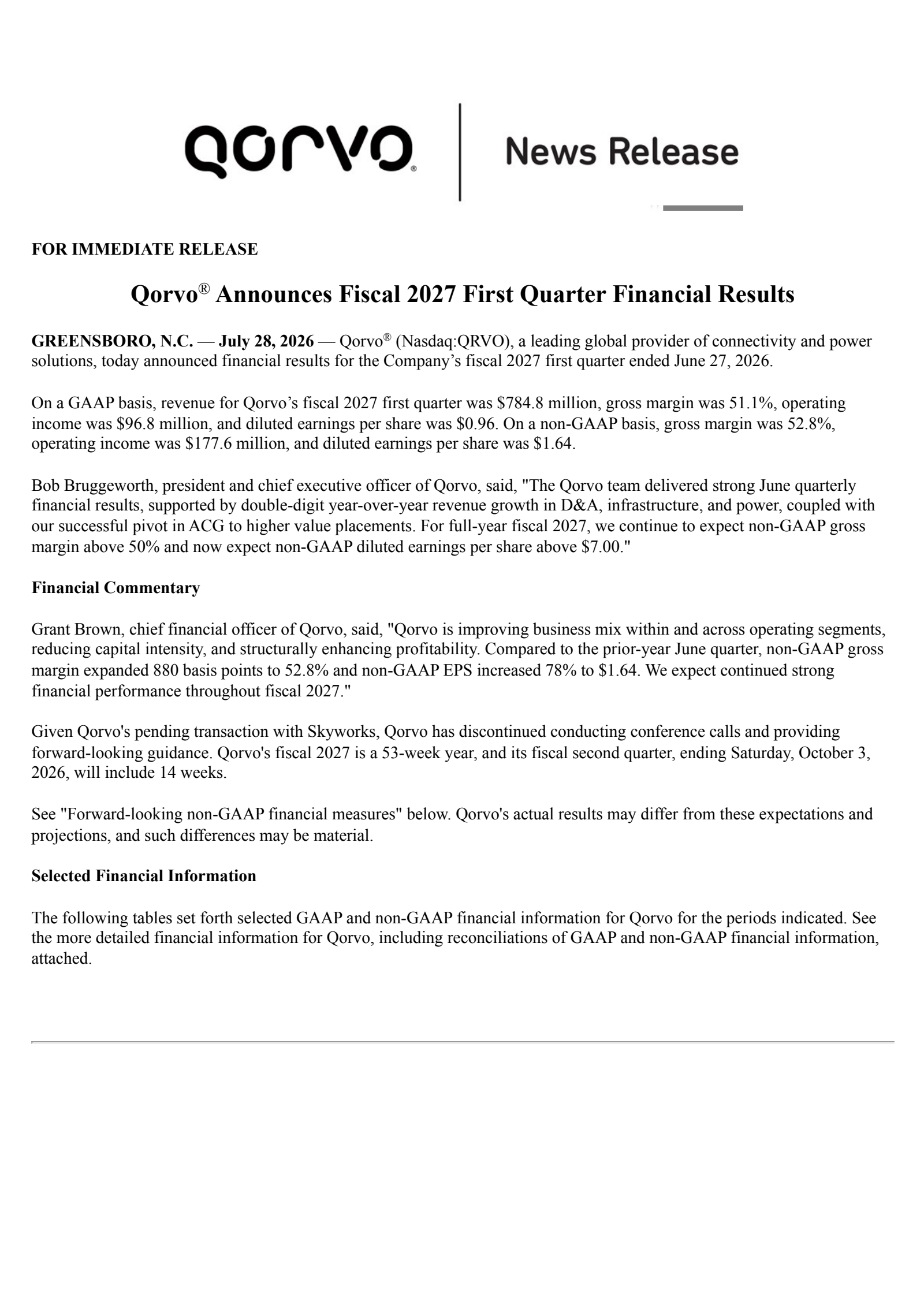 Qorvo's Q1 2027 Press Release
