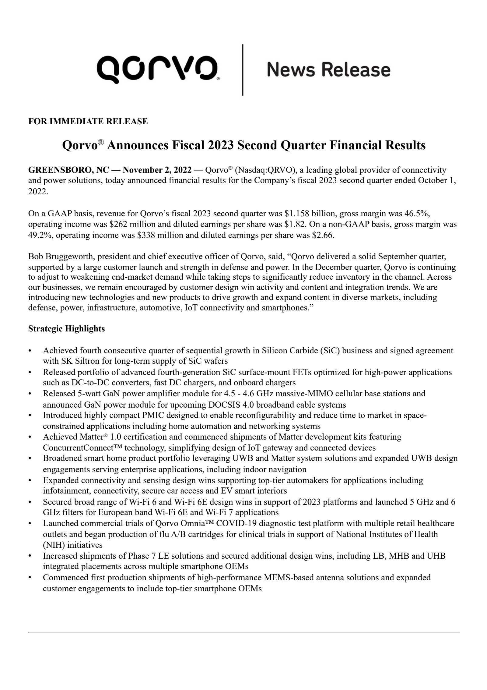 Qorvo's Q2 2023 Press Release