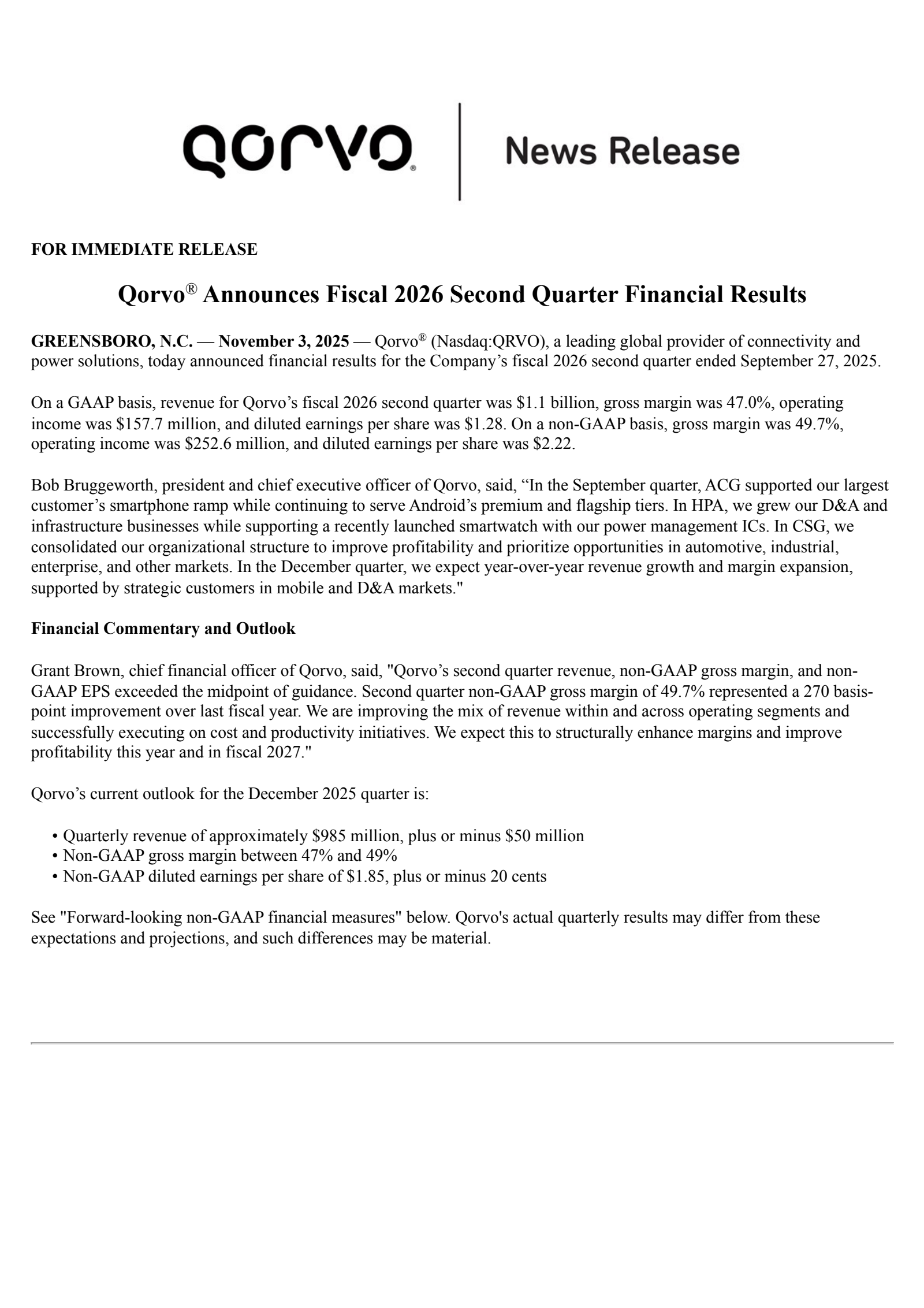Qorvo's Q2 2026 Earnings Release
