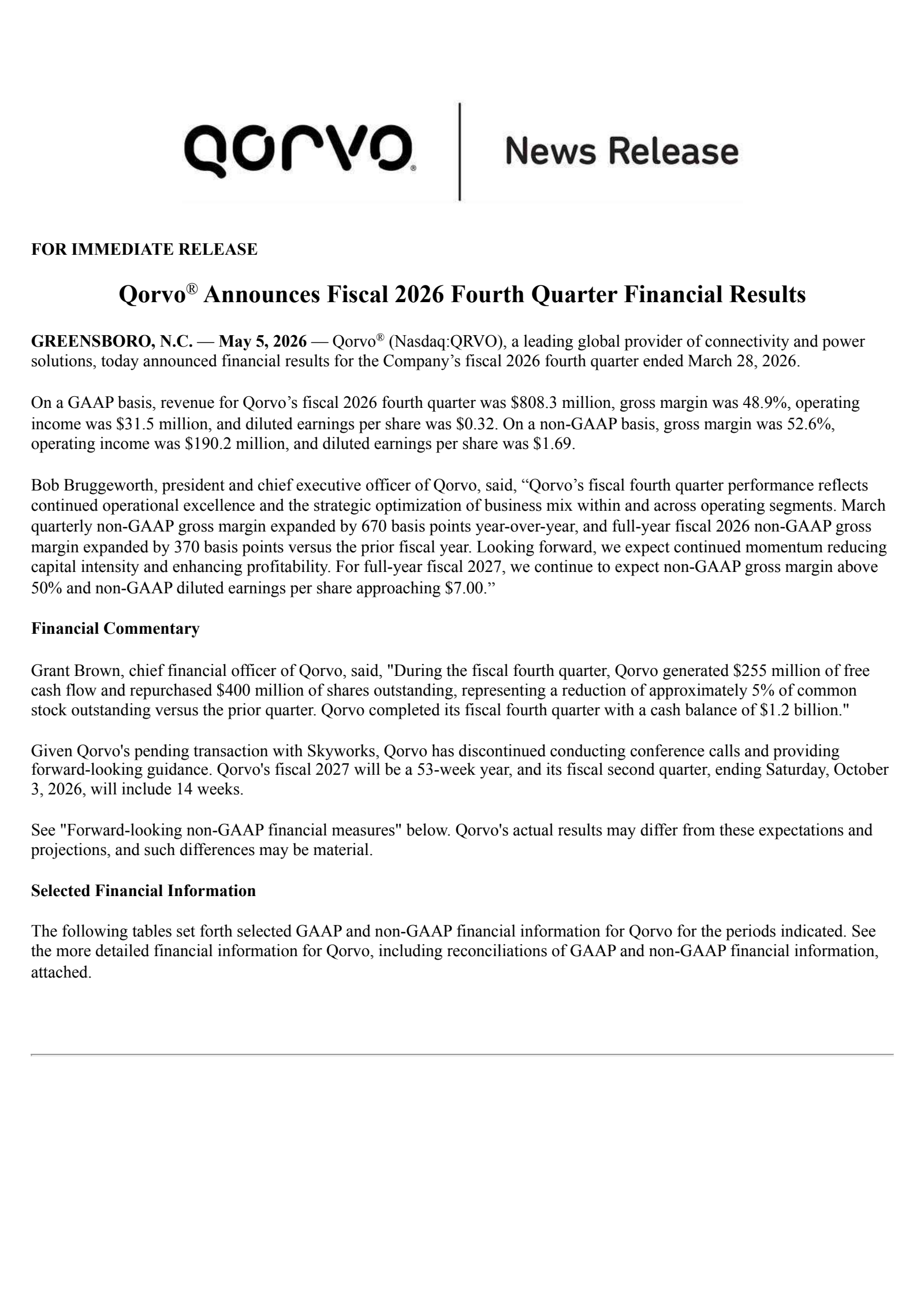 Qorvo's Q4 2026 Press Release