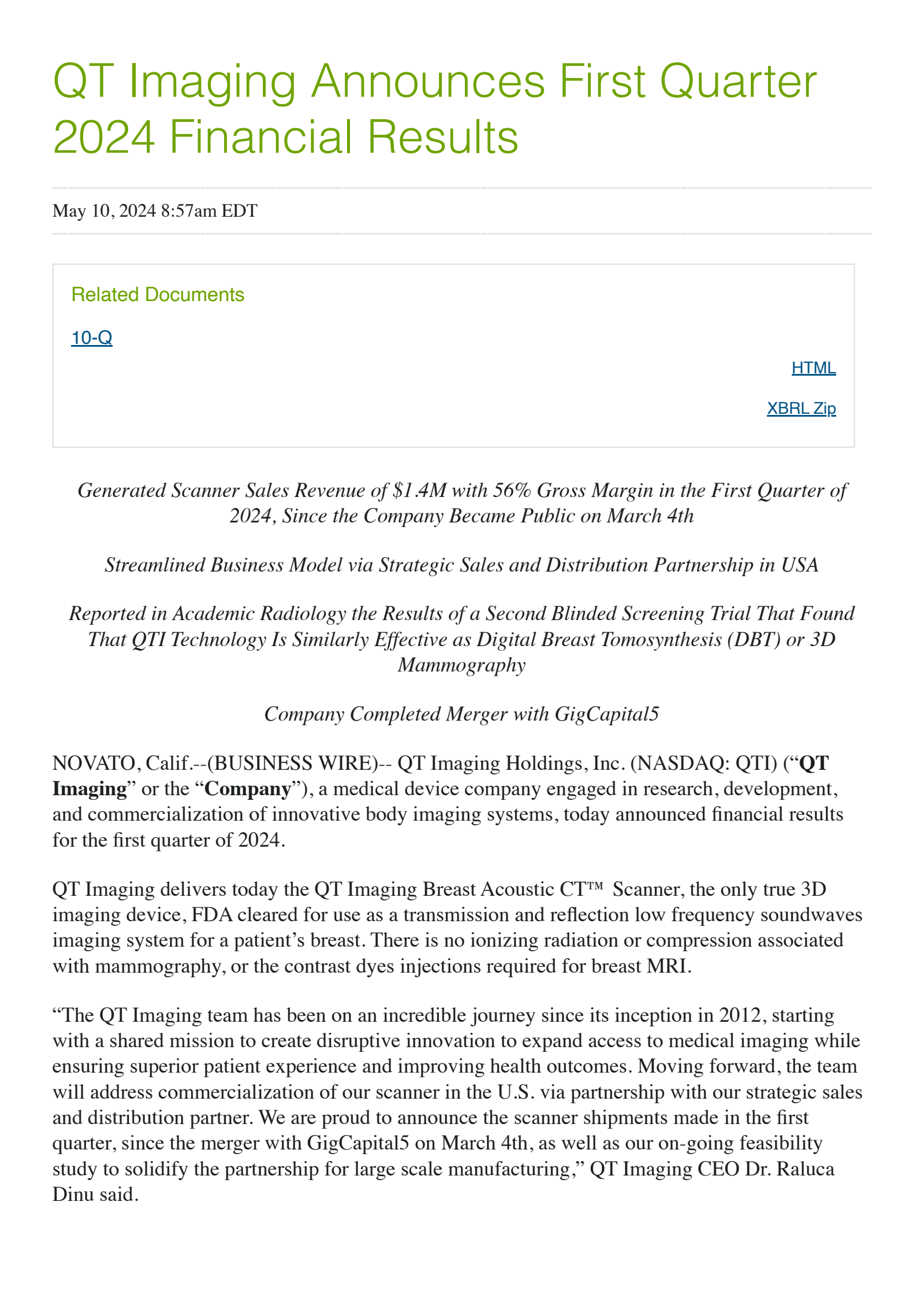 QT Imaging's Q1 2024 Press Release