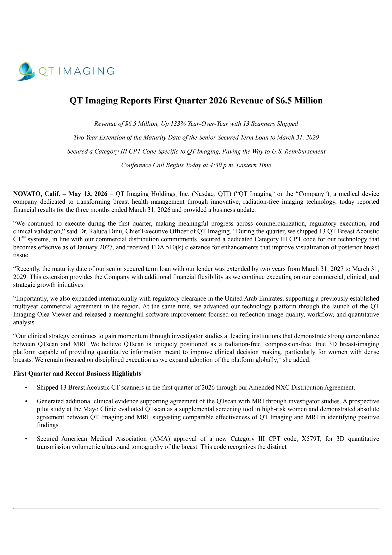 QT Imaging's Q1 2026 Press Release