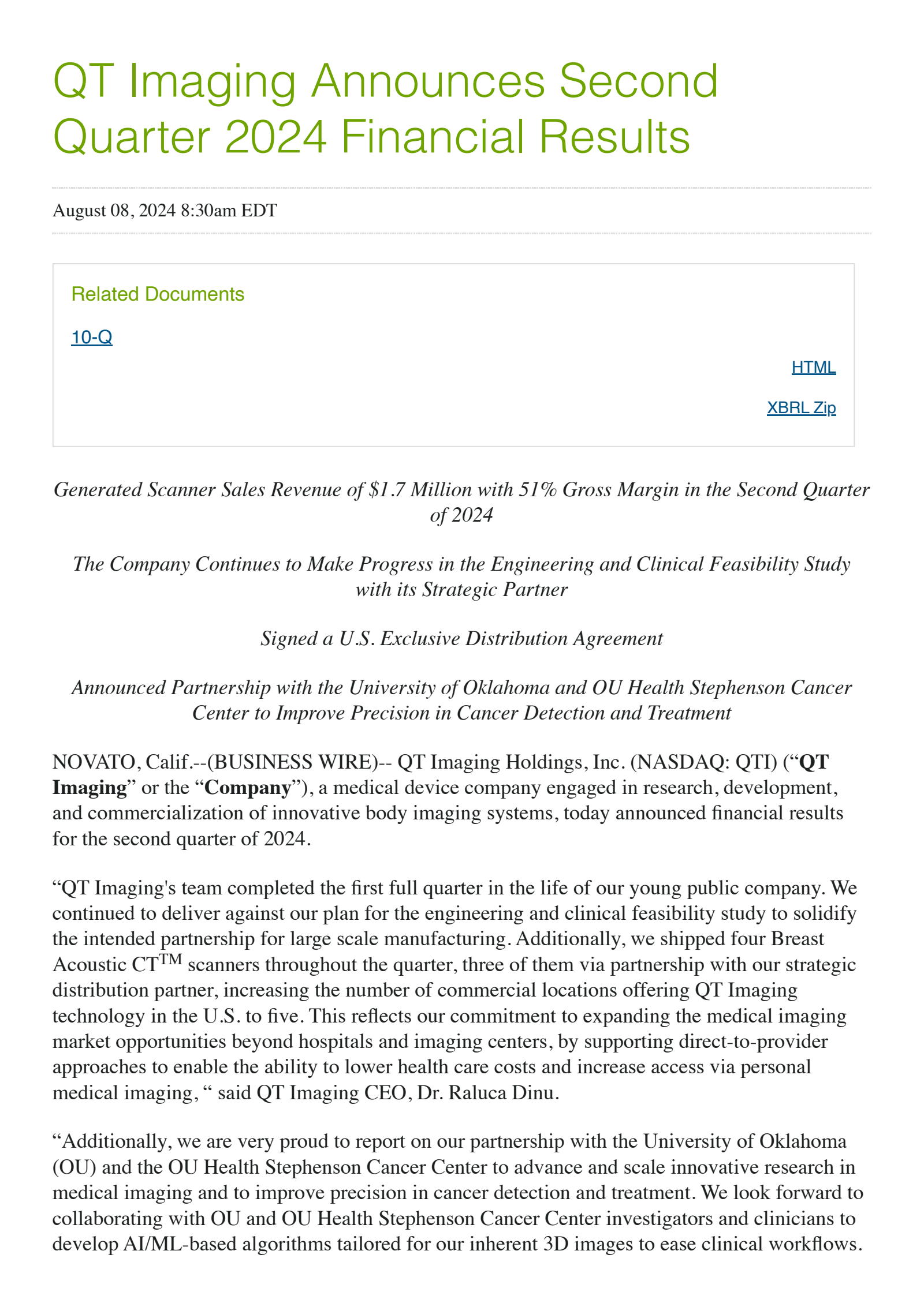 QT Imaging's Q2 2024 Press Release