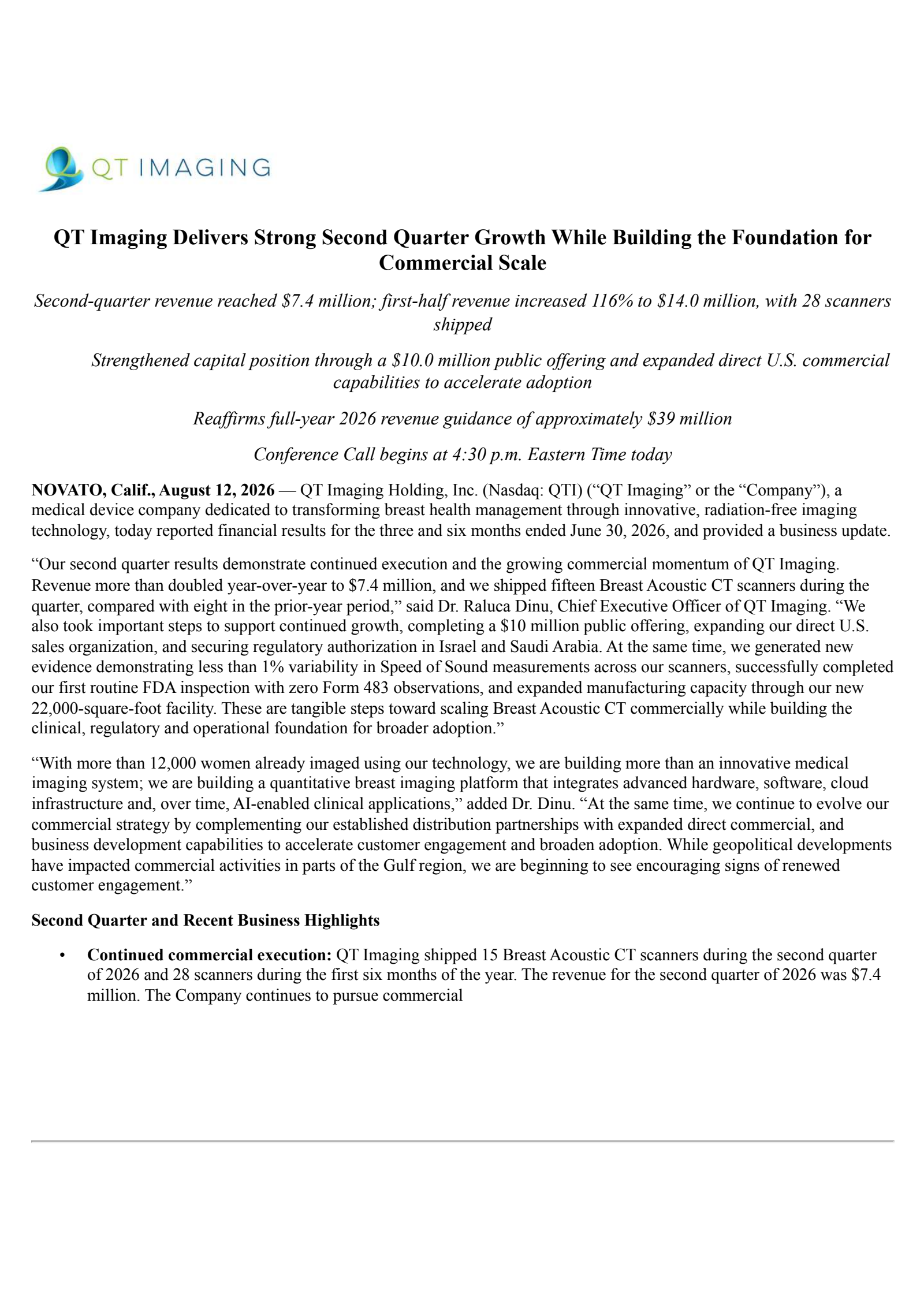 QT Imaging's Q2 2026 Press Release