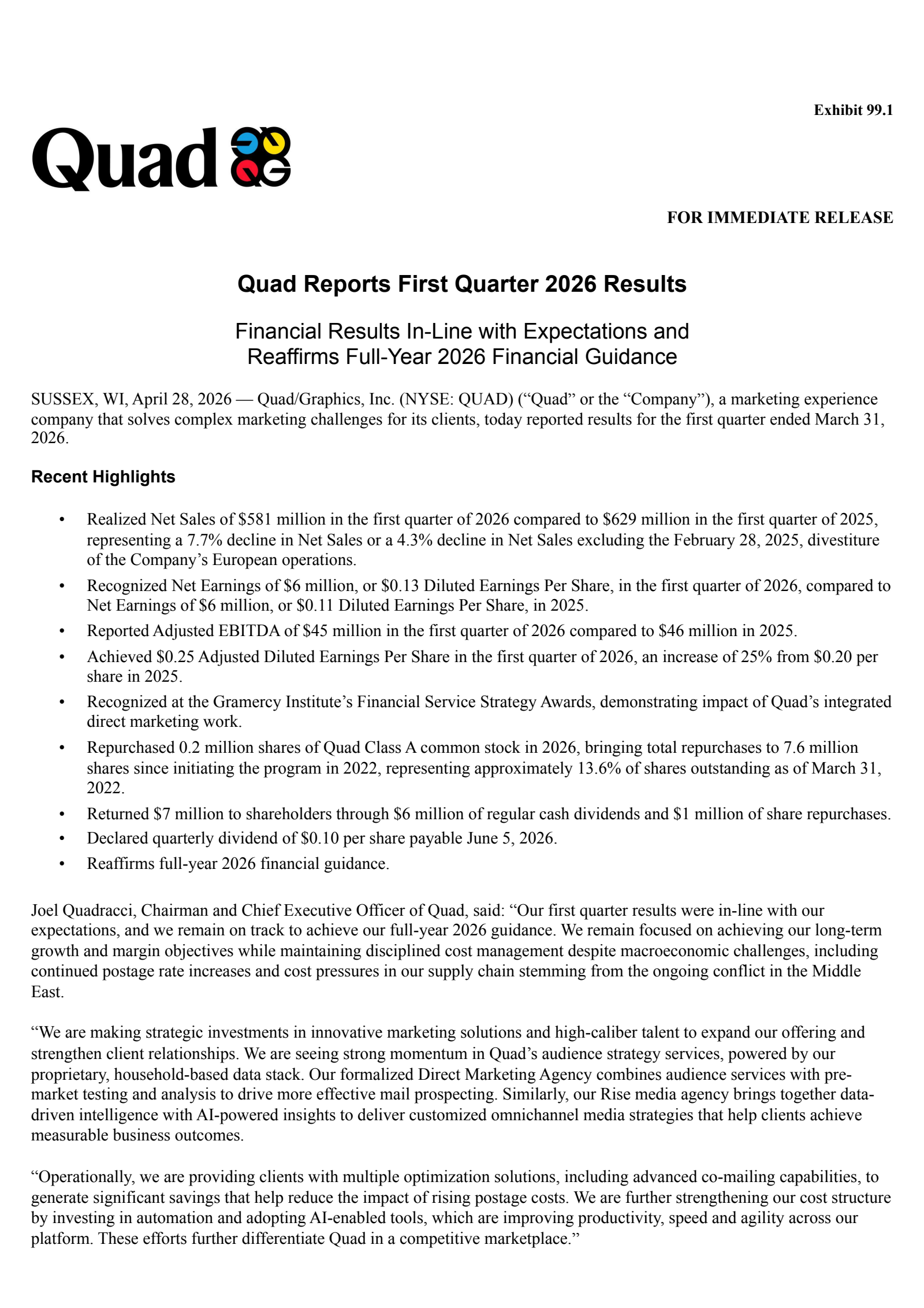 Quad Graphics' Q1 2026 Press Release