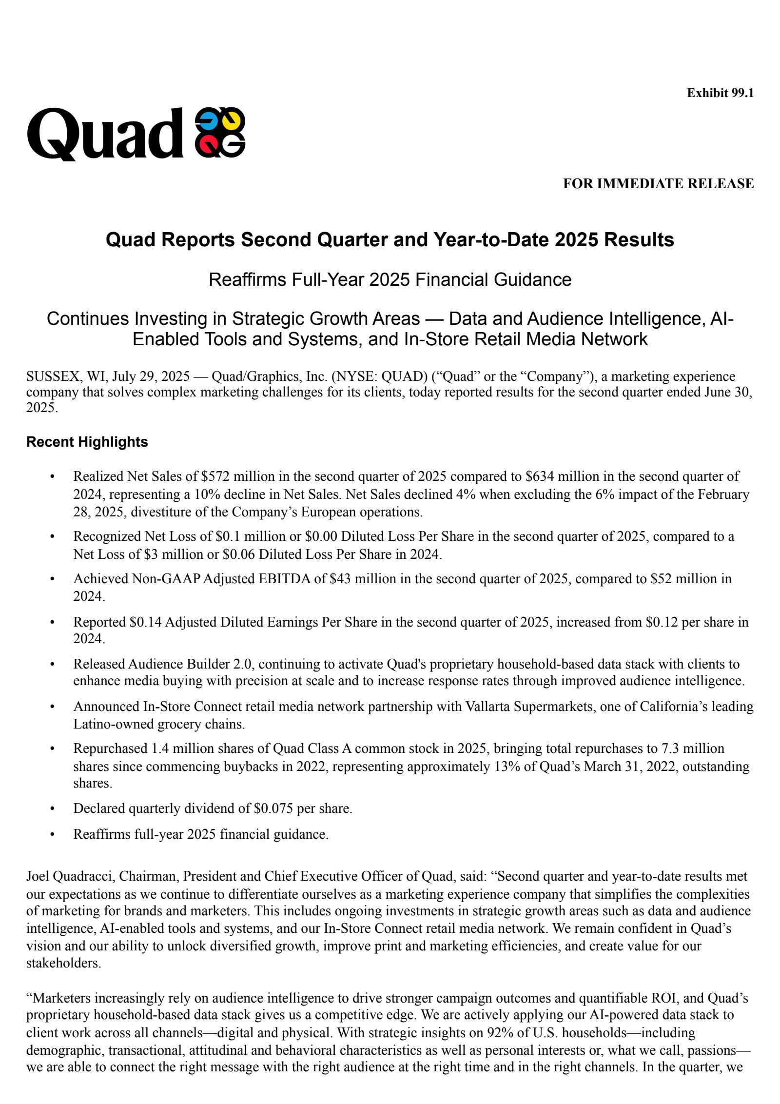 Quad Graphics' Q2 2025 Press Release