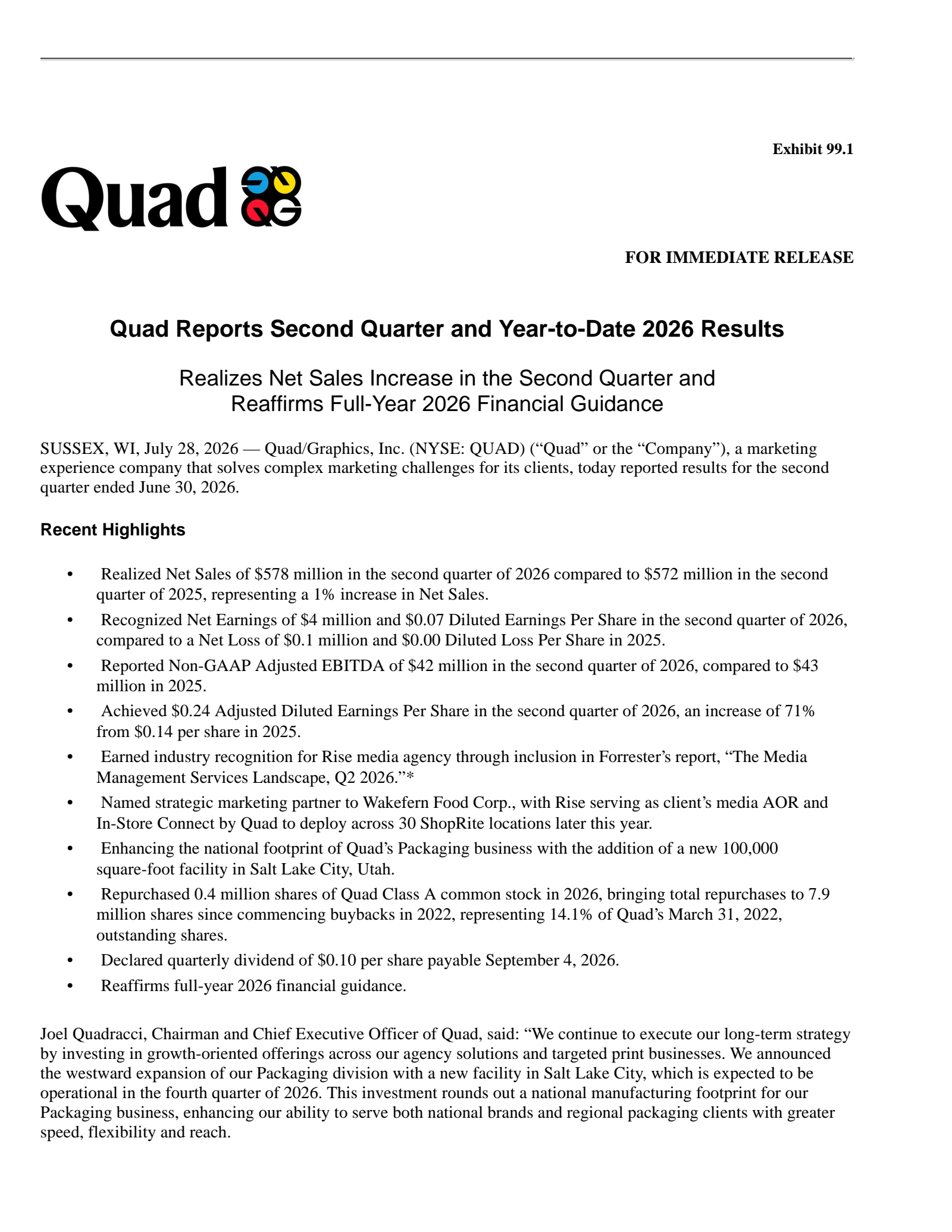 Quad Graphics' Q2 2026 Press Release