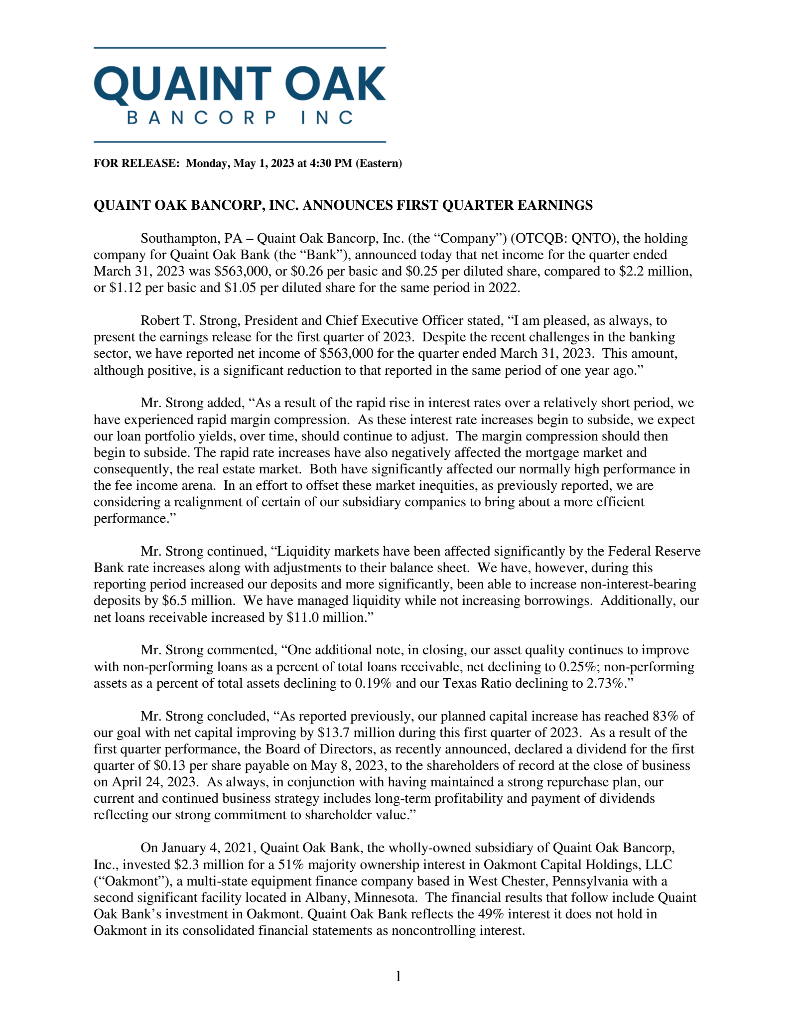 Quaint Oak Bancorp's Q1 2023 Press Release