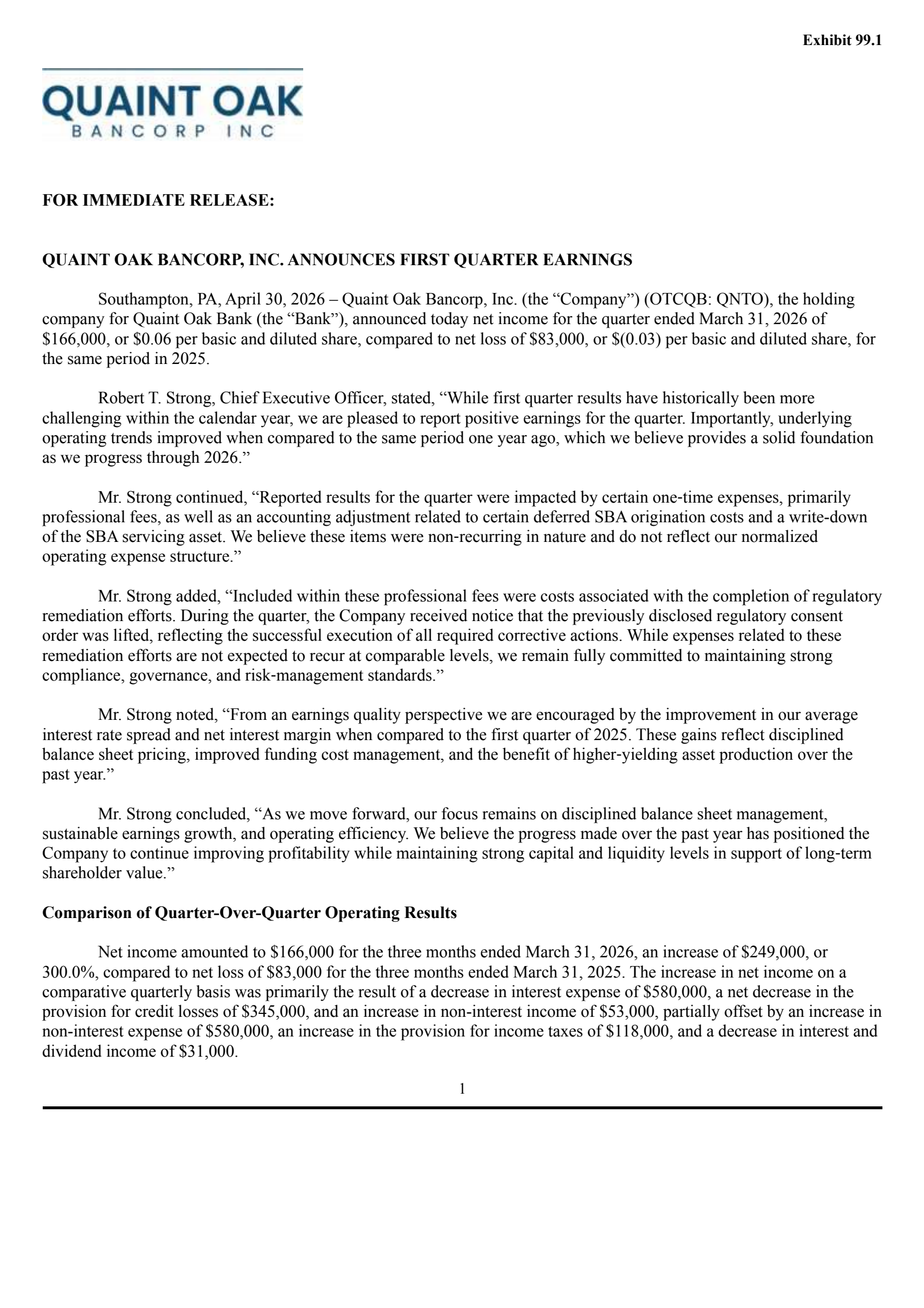 Quaint Oak Bancorp's Q1 2026 Press Release