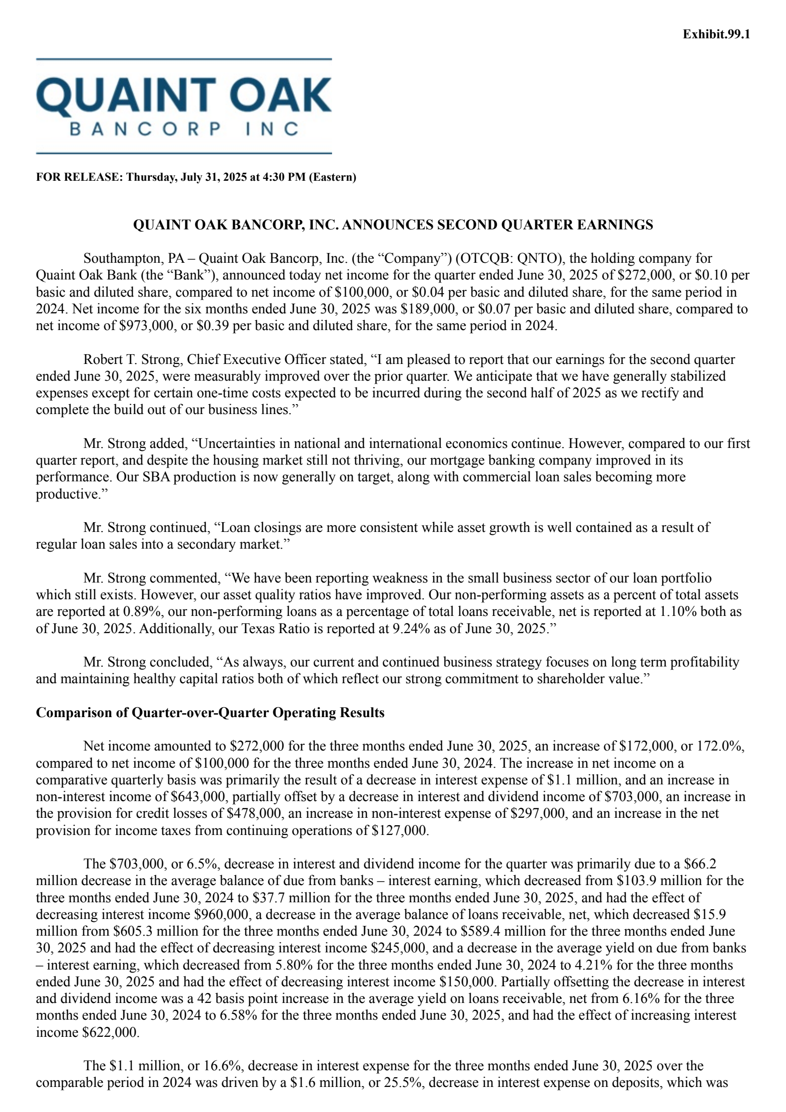 Quaint Oak Bancorp's Q2 2025 Press Release