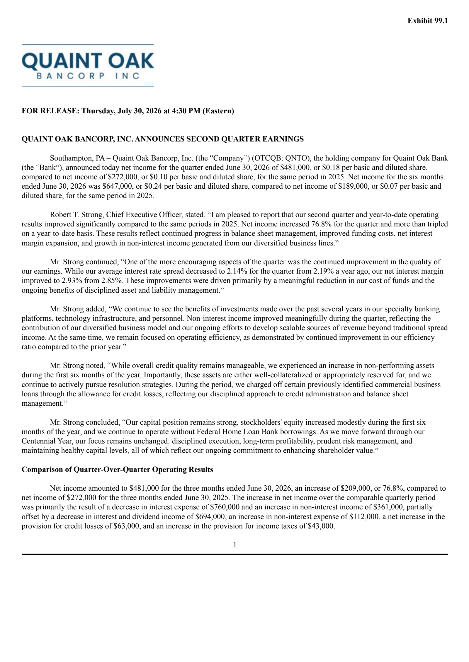 Quaint Oak Bancorp's Q2 2026 Press Release