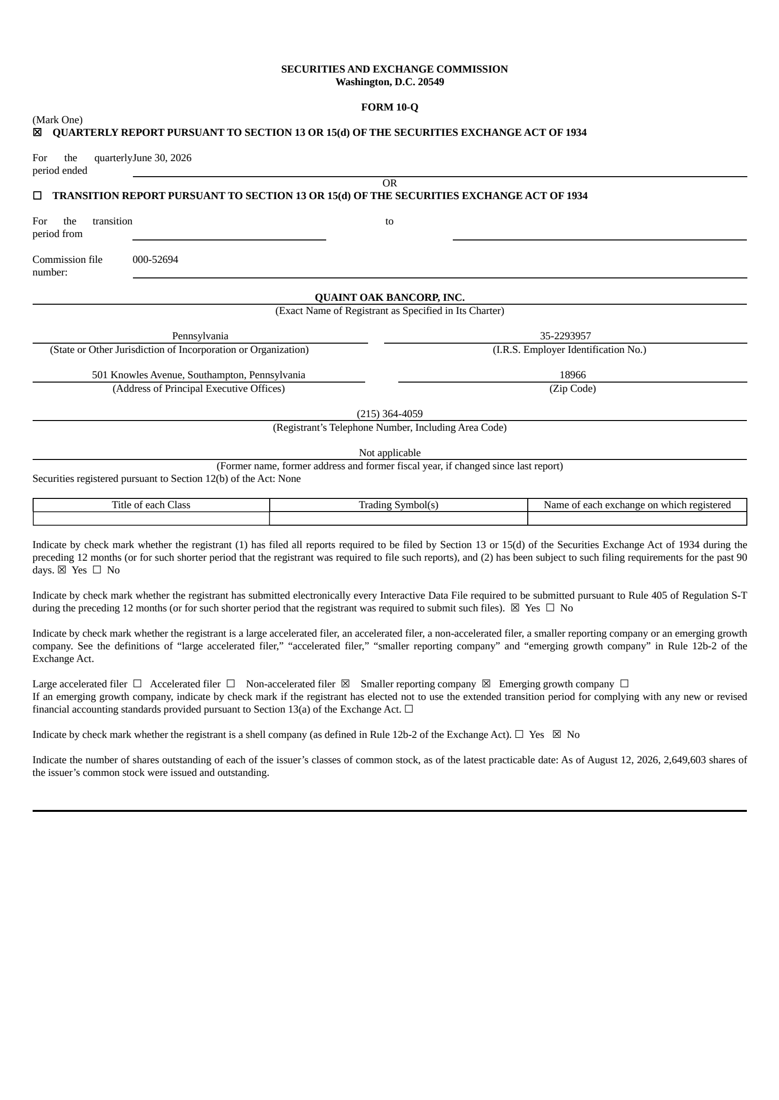 Quaint Oak Bancorp's Q2 2026 Quarterly report
