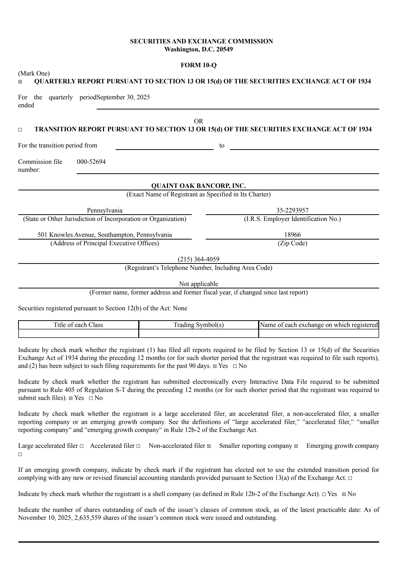 Quaint Oak Bancorp's Q3 2025 Quarterly Report