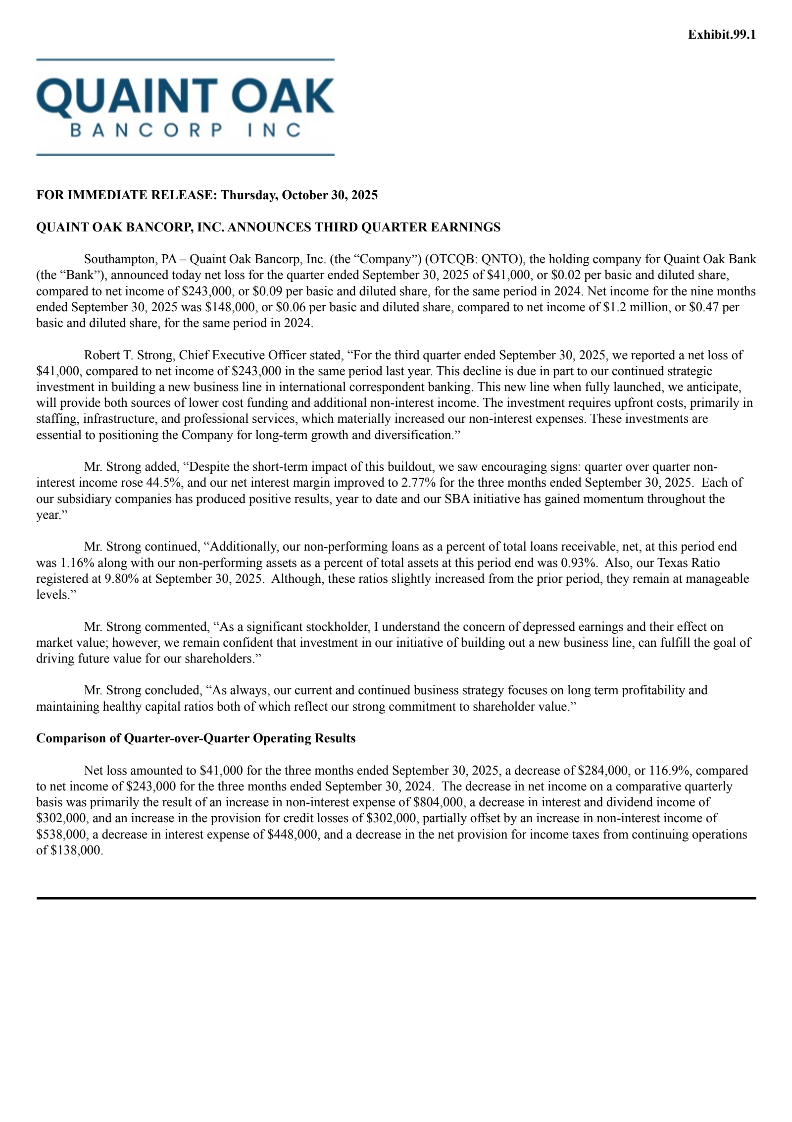 Quaint Oak Bancorp's Q3 2025 Earnings Release