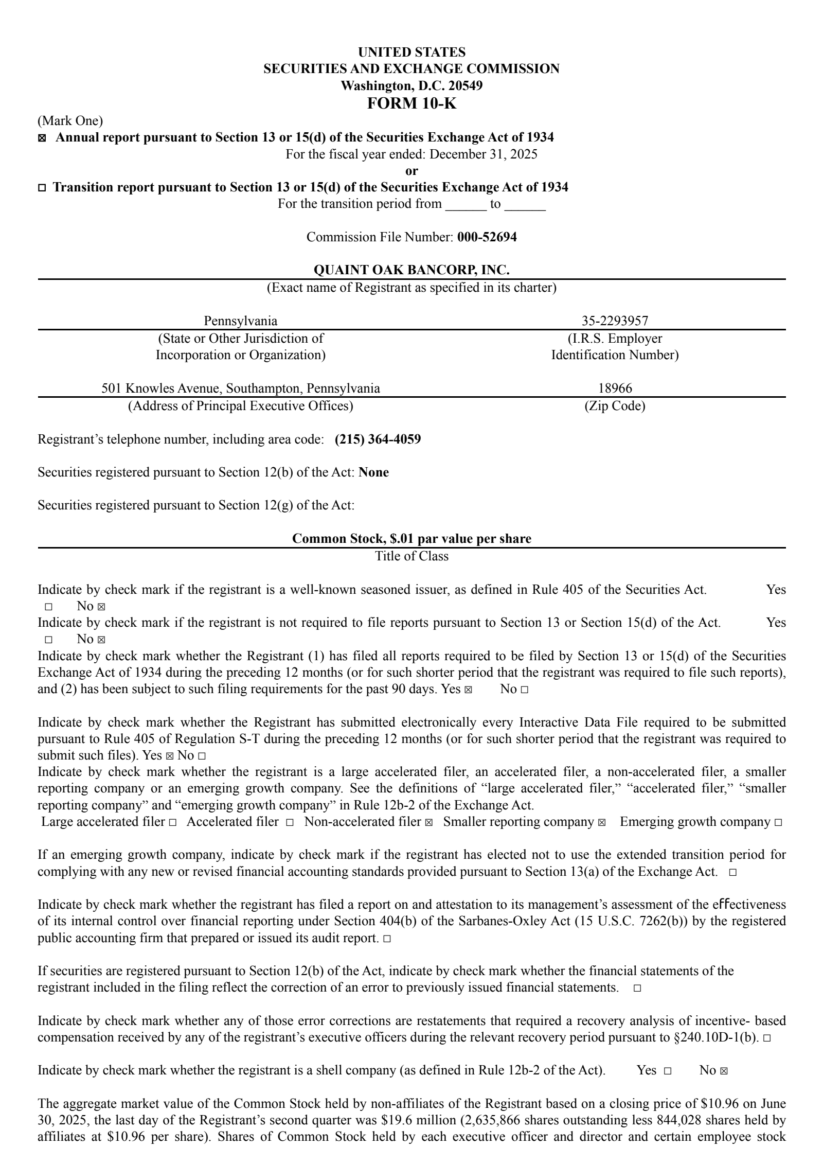 Quaint Oak Bancorp's Q4 2025 Annual report