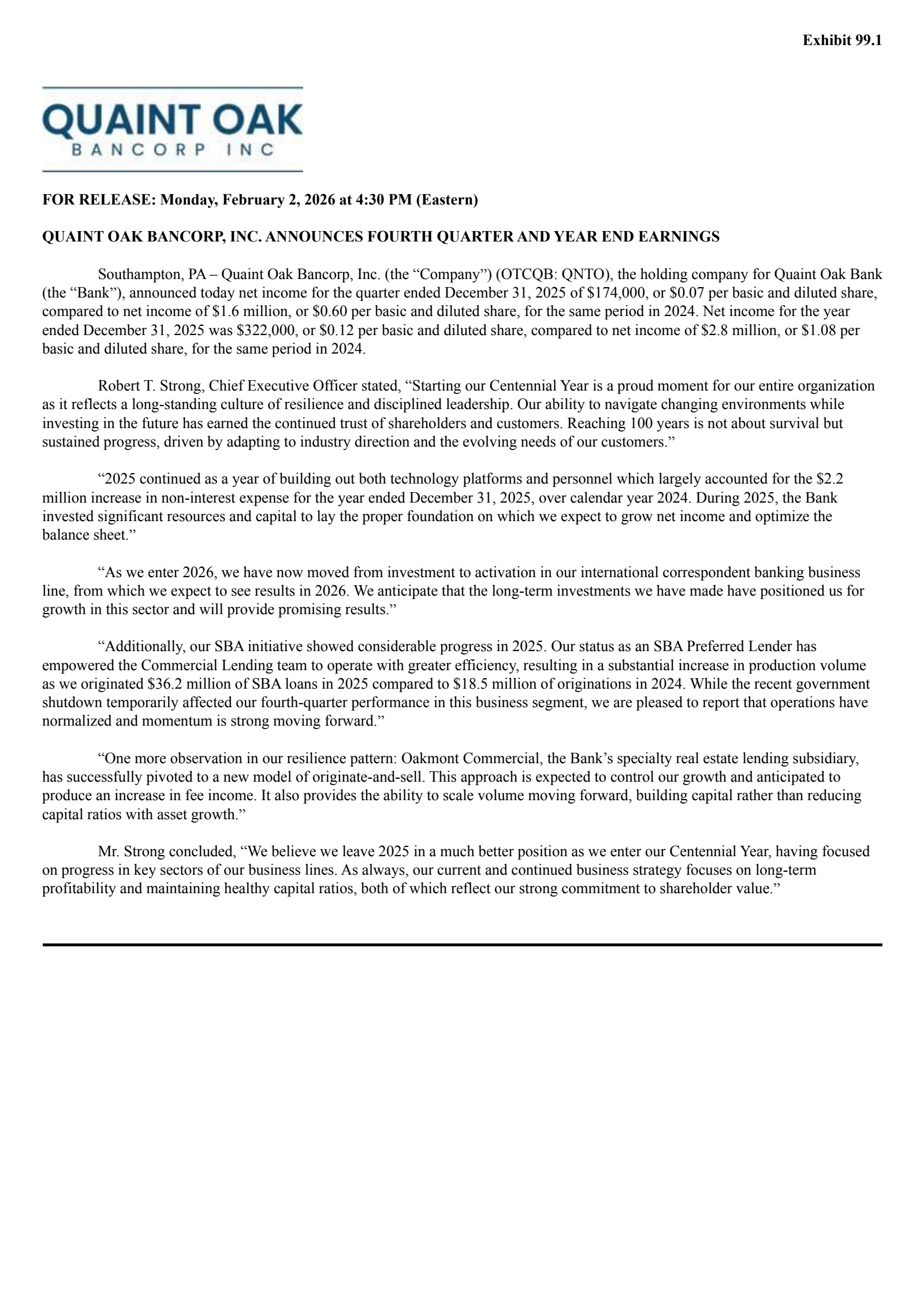 Quaint Oak Bancorp's Q4 2025 Press Release