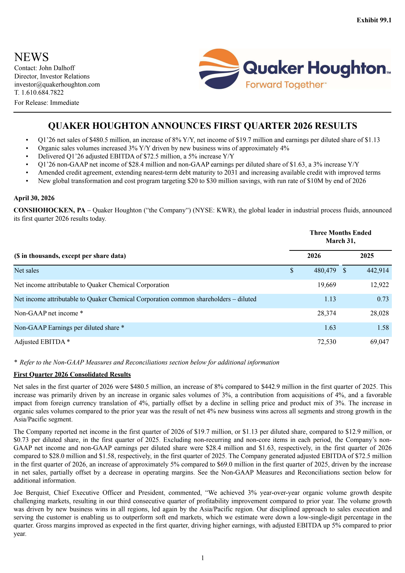 Quaker Houghton's Q1 2026 Press Release