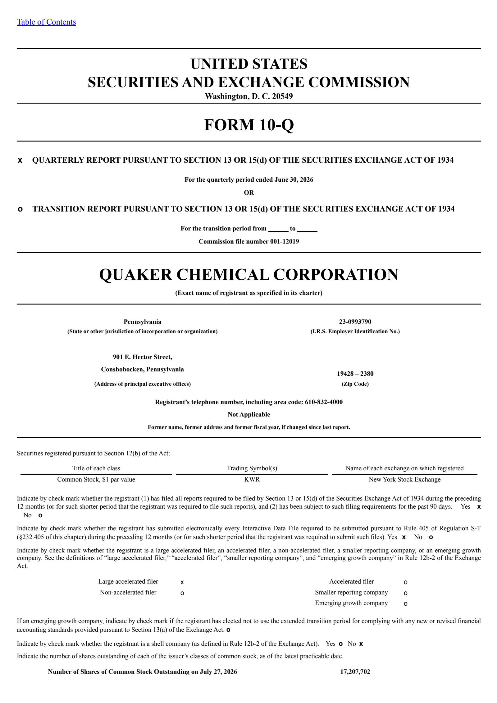 Quaker Houghton's Q2 2026 Quarterly report