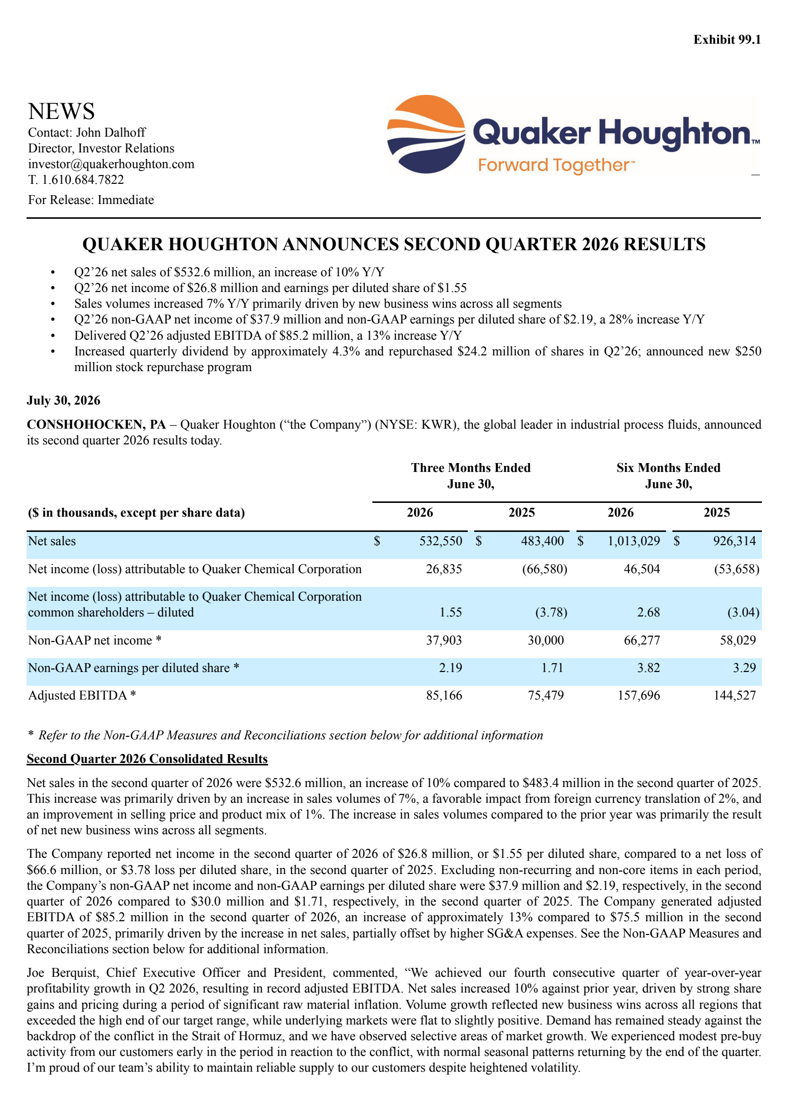 Quaker Houghton's Q2 2026 Press Release