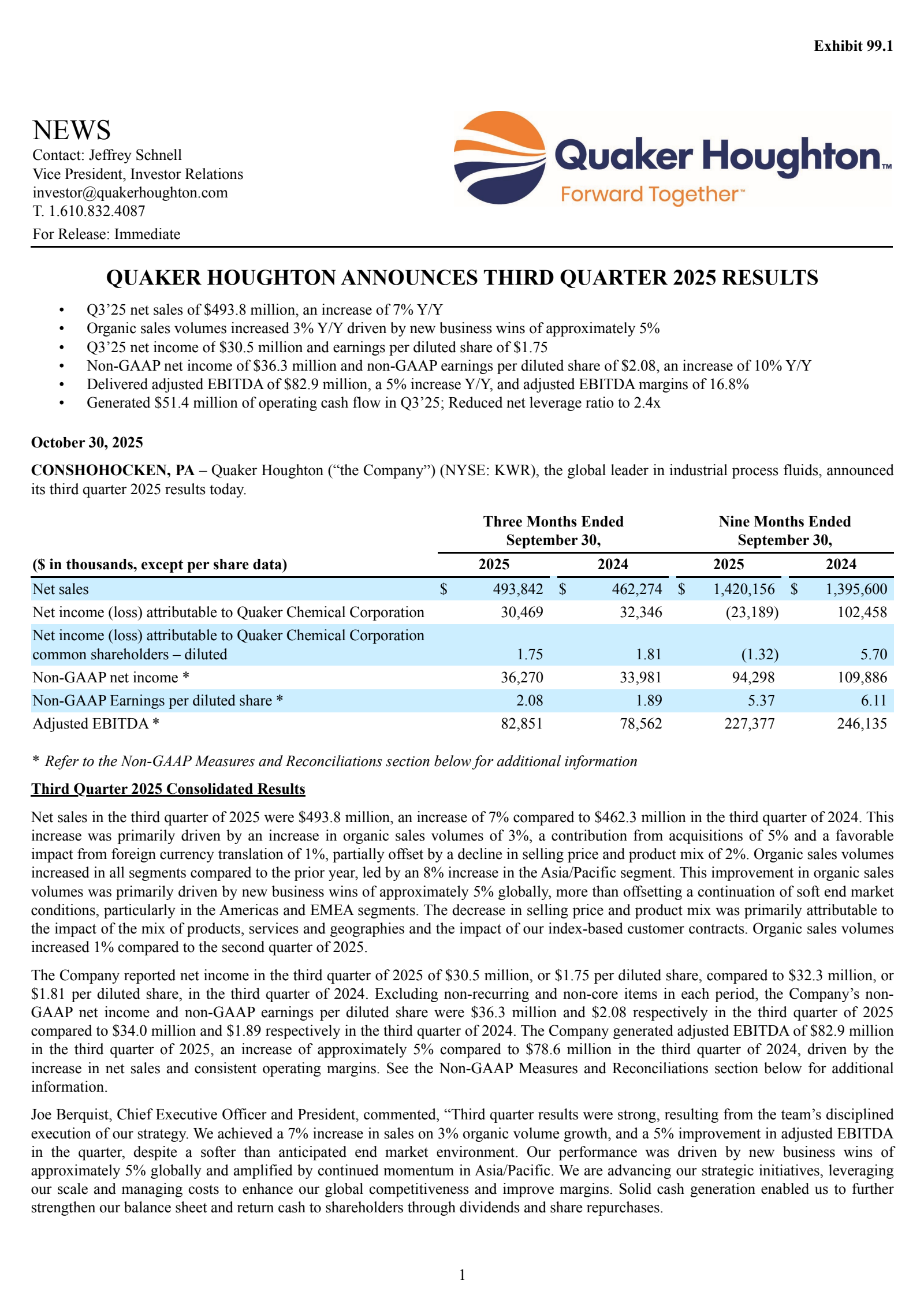 Quaker Houghton's Q3 2025 Earnings Release