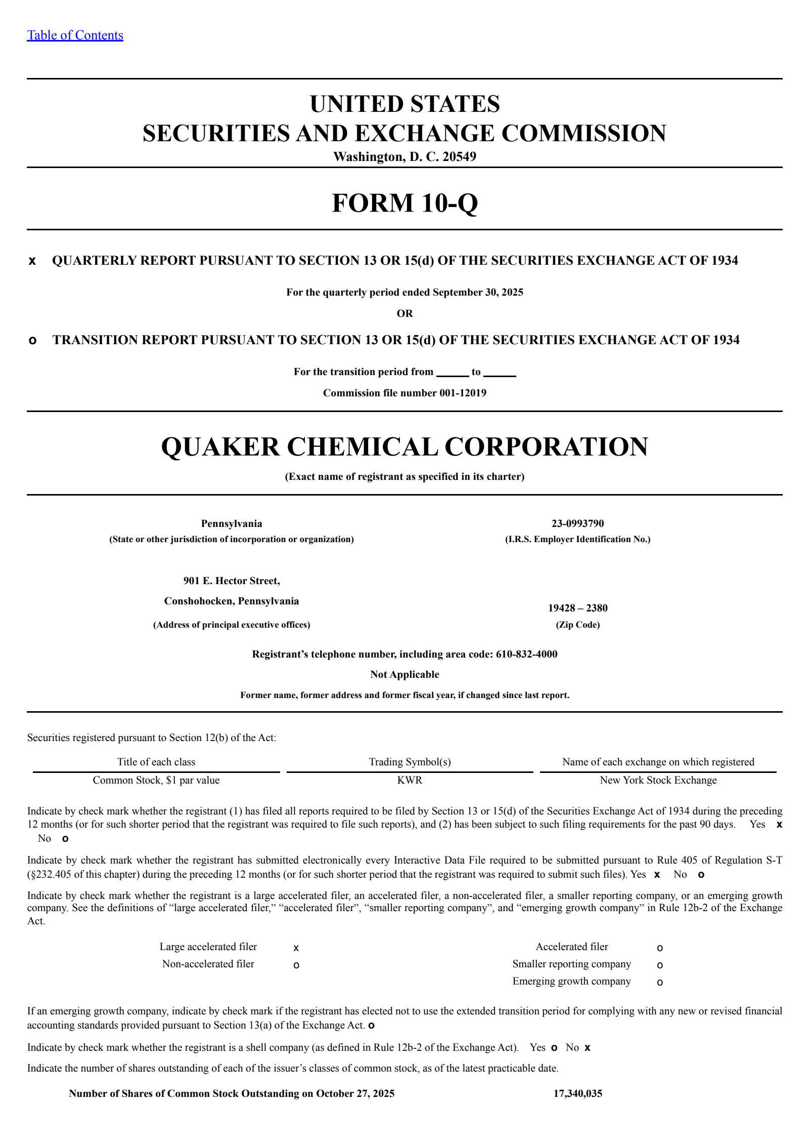 Quaker Houghton's Q3 2025 Quarterly Report